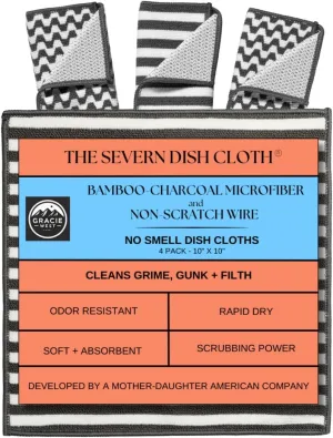 Severn Dish Cloths for Washing Dishes 4pk. No-Smell Dish Rags with Non-Scratch Wire Scrubber Side for Kitchen Cleaning. Grime-Fighting Bamboo-Charcoal Microfiber 2-Sided Dishrags. Machine Wash   Dry
