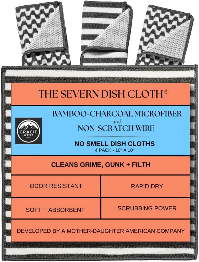 Severn Dish Cloths for Washing Dishes 4pk. No-Smell Dish Rags with Non-Scratch Wire Scrubber Side for Kitchen Cleaning. Grime-Fighting Bamboo-Charcoal Microfiber 2-Sided Dishrags. Machine Wash   Dry