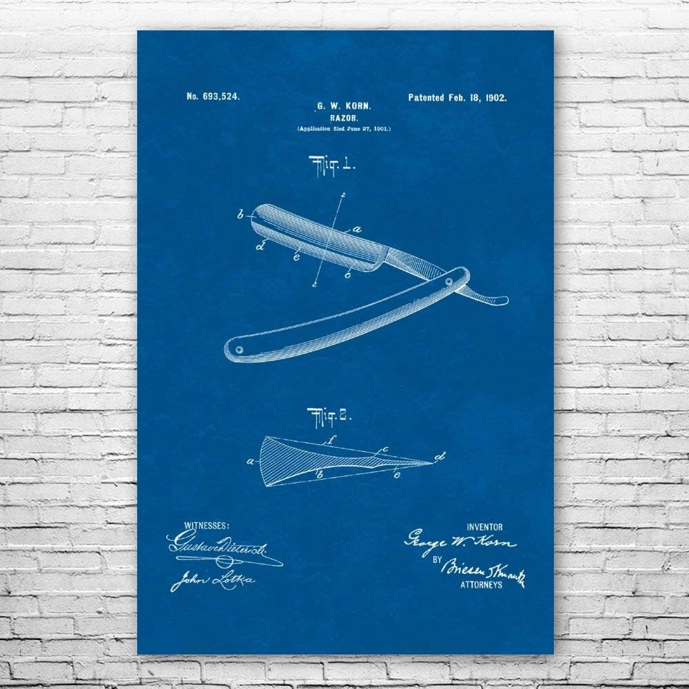 Shaving Straight Razor Poster Print, Barber Shop Decor, Barber Gift, Bathroom Wall Art, Shaving Gift, Fashion Decor Blueprint (8 inch x 10 inch)