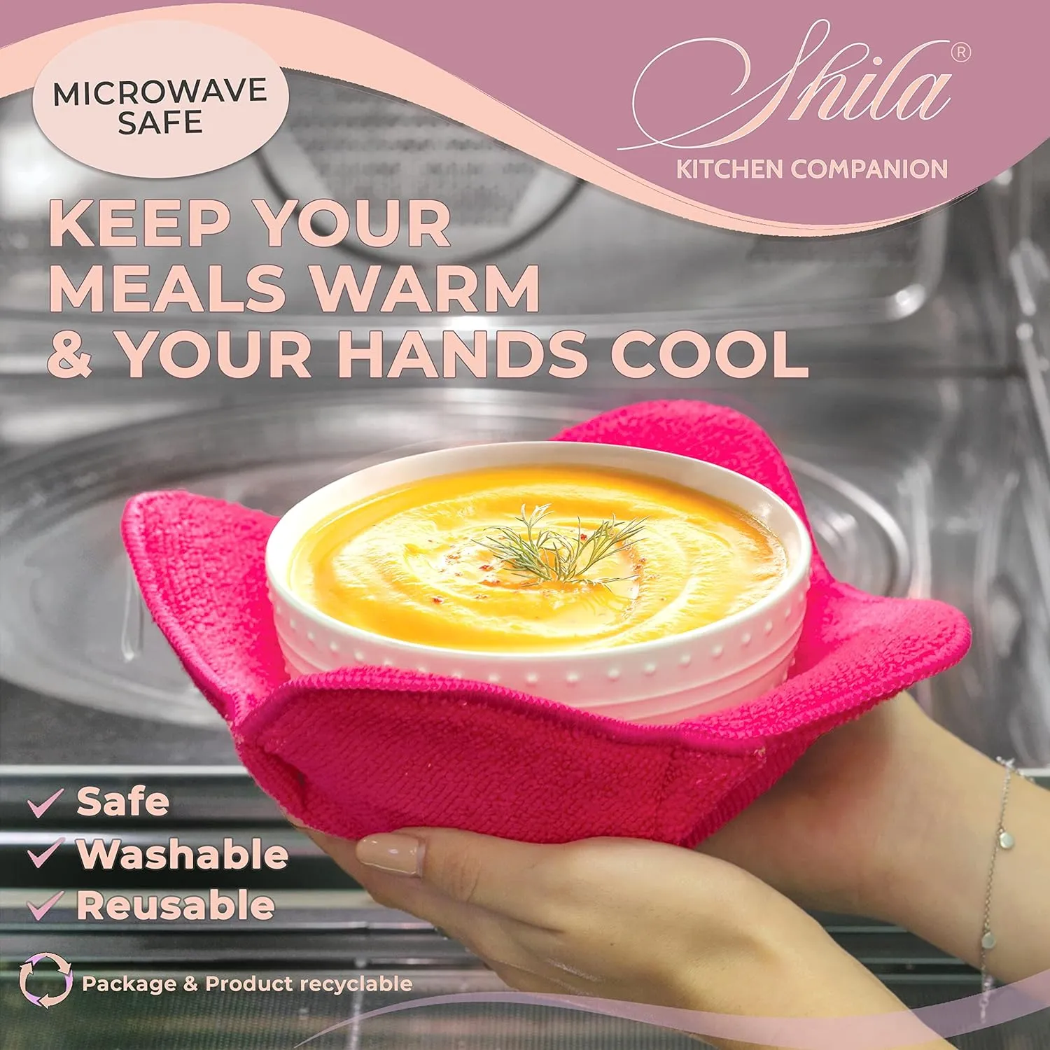 SHILA Bowl Snuggies, Colorful Set of Microwave Safe Bowl Holders to Keep Hands Cool and Meal Warm, Polyester & Sponge Heat Resistant Cozies for Soup, Rice and Pasta