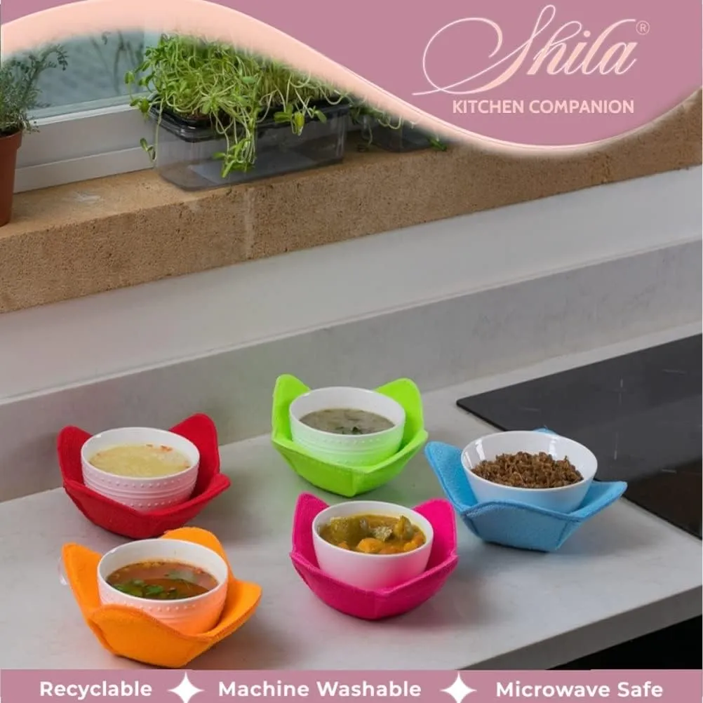 SHILA Bowl Snuggies, Colorful Set of Microwave Safe Bowl Holders to Keep Hands Cool and Meal Warm, Polyester & Sponge Heat Resistant Cozies for Soup, Rice and Pasta