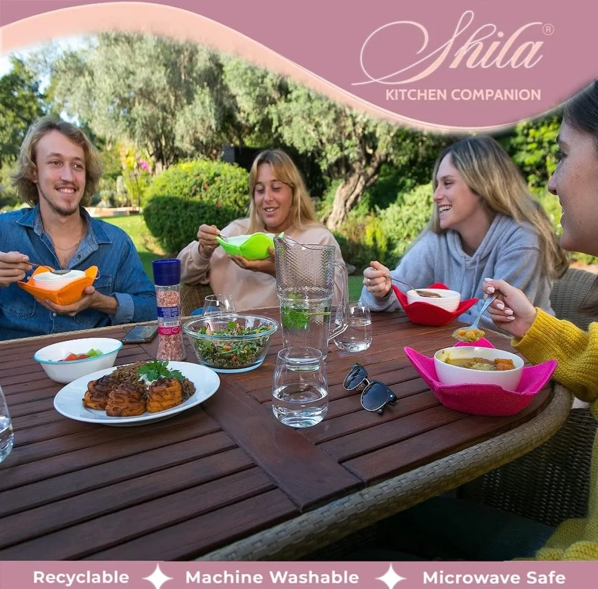 SHILA Bowl Snuggies, Colorful Set of Microwave Safe Bowl Holders to Keep Hands Cool and Meal Warm, Polyester & Sponge Heat Resistant Cozies for Soup, Rice and Pasta
