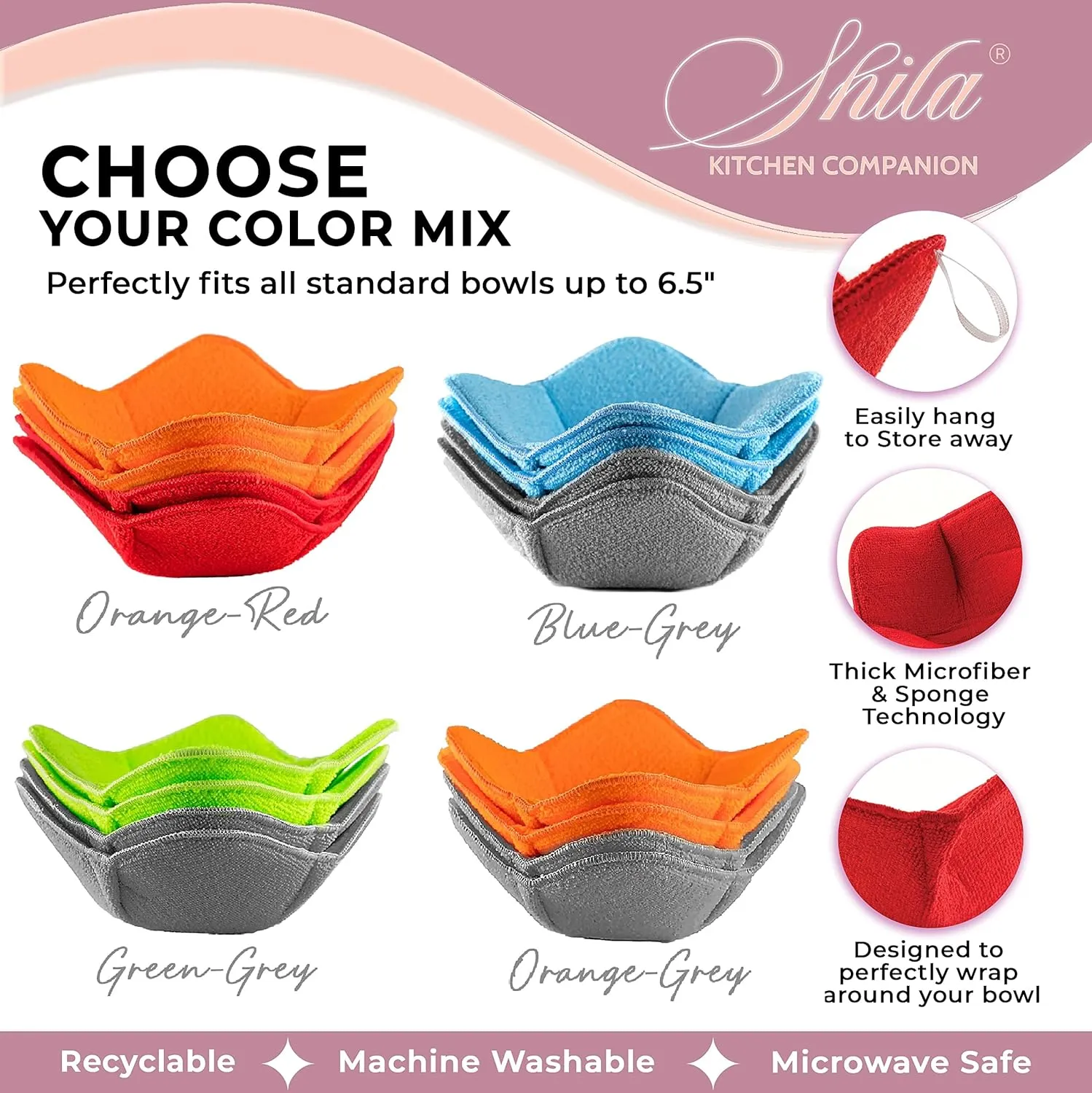 SHILA Bowl Snuggies, Colorful Set of Microwave Safe Bowl Holders to Keep Hands Cool and Meal Warm, Polyester & Sponge Heat Resistant Cozies for Soup, Rice and Pasta