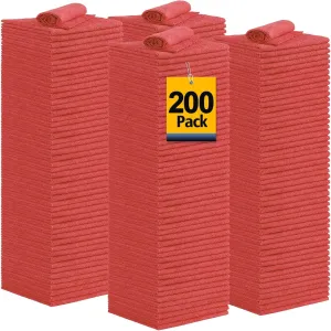 Shop Towel Rag, 200 Pack Reusable Rags Bulk Microfiber Cleaning Cloth Lint Free Towels for Car Kitchen Automotive Bar Mechanic Restaurant Garage, 11.5"x 11.5", Red