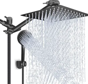 Shower Head Combo,10 Inch High Pressure Rain Shower Head with 11 Inch Adjustable Extension Arm and 5 Settings Handheld Powerful Shower Spray Against Low Pressure Water - Matte Black
