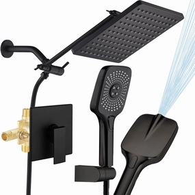 Shower Faucet Set Matte Black Rough-in Anti-Scald Pressure Balanced Valve Body Modern Luxury Wall Mounted 10 Inch Rain Mixer Shower System (Matte Black)