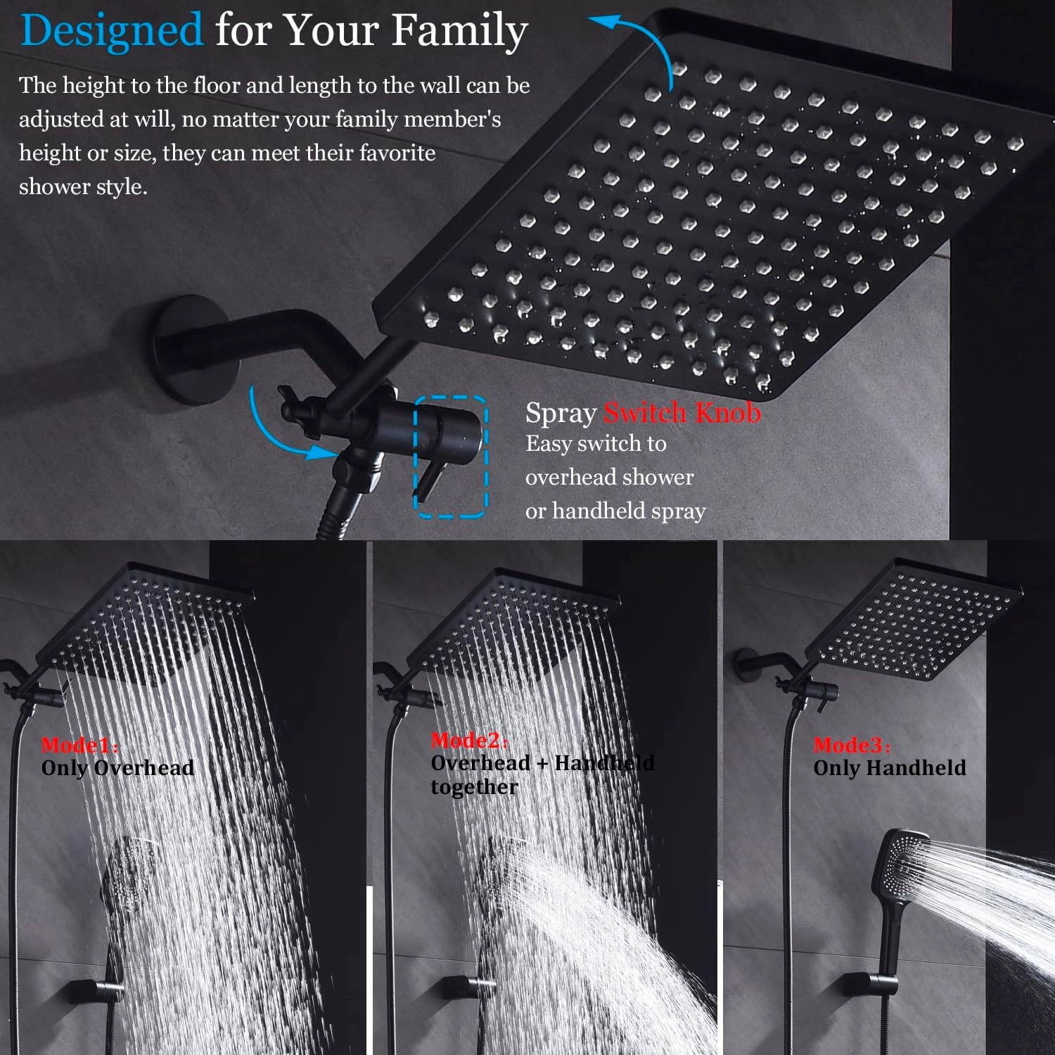 Shower Faucet Set Matte Black Rough-in Anti-Scald Pressure Balanced Valve Body Modern Luxury Wall Mounted 10 Inch Rain Mixer Shower System (Matte Black)