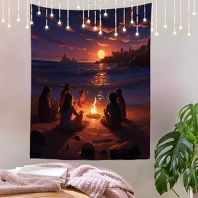 Shrahala Beach Campfire Wall Tapestry, Sunset Seaside Gathering Wall Hanging Large Tapestry Decoration Polyester Fiber White Hem Around for Dorm Room Bedroom 59.1 x 51.2 in