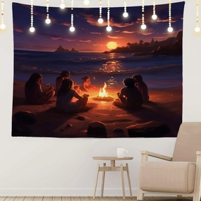 Shrahala Beach Campfire Wall Tapestry, Sunset Seaside Gathering Wall Hanging Large Tapestry Decoration Polyester Fiber White Hem Around for Dorm Room Bedroom 59.1 x 82.7 in