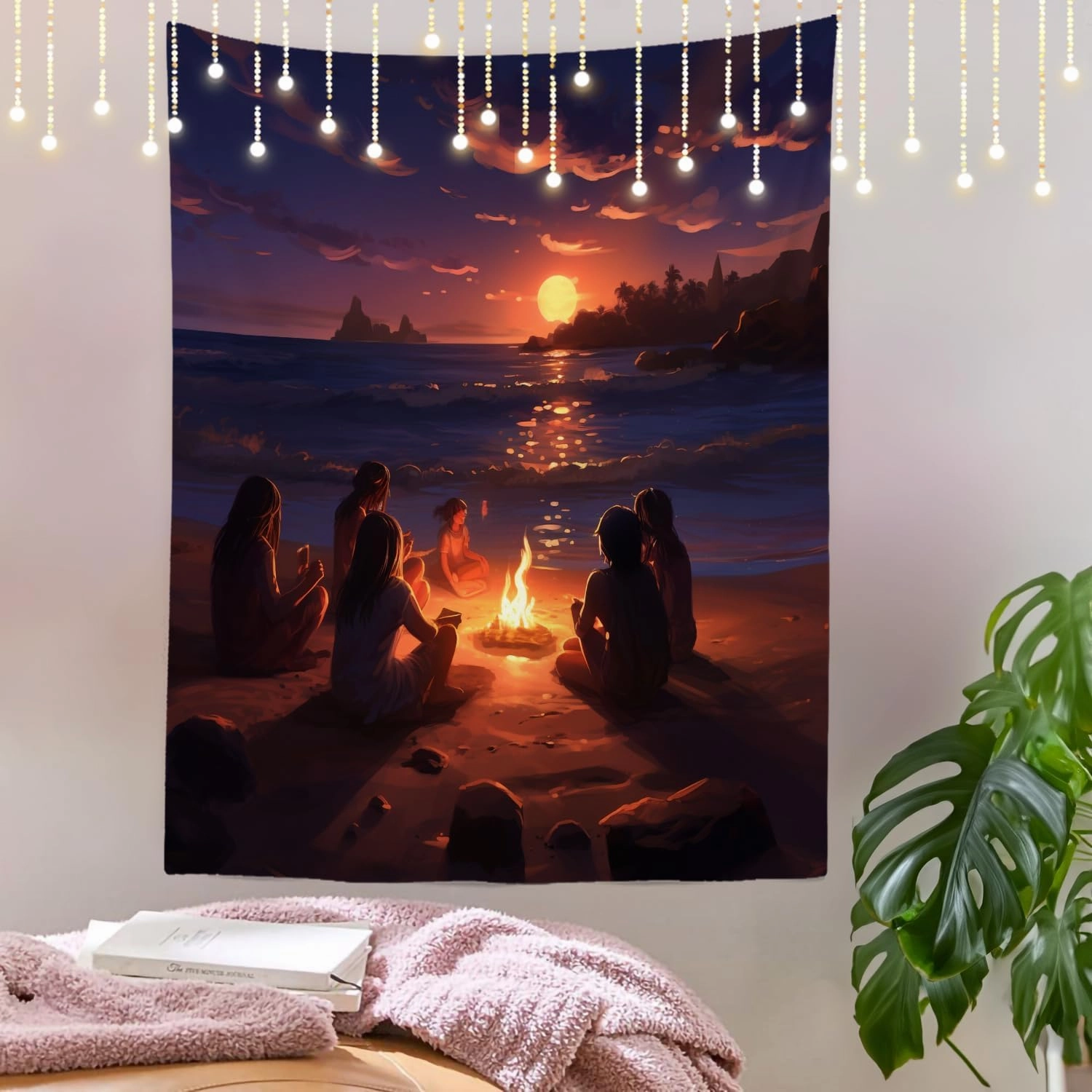 Shrahala Beach Campfire Wall Tapestry, Sunset Seaside Gathering Wall Hanging Large Tapestry Decoration Polyester Fiber White Hem Around for Dorm Room Bedroom 82.7 x 59.1 in