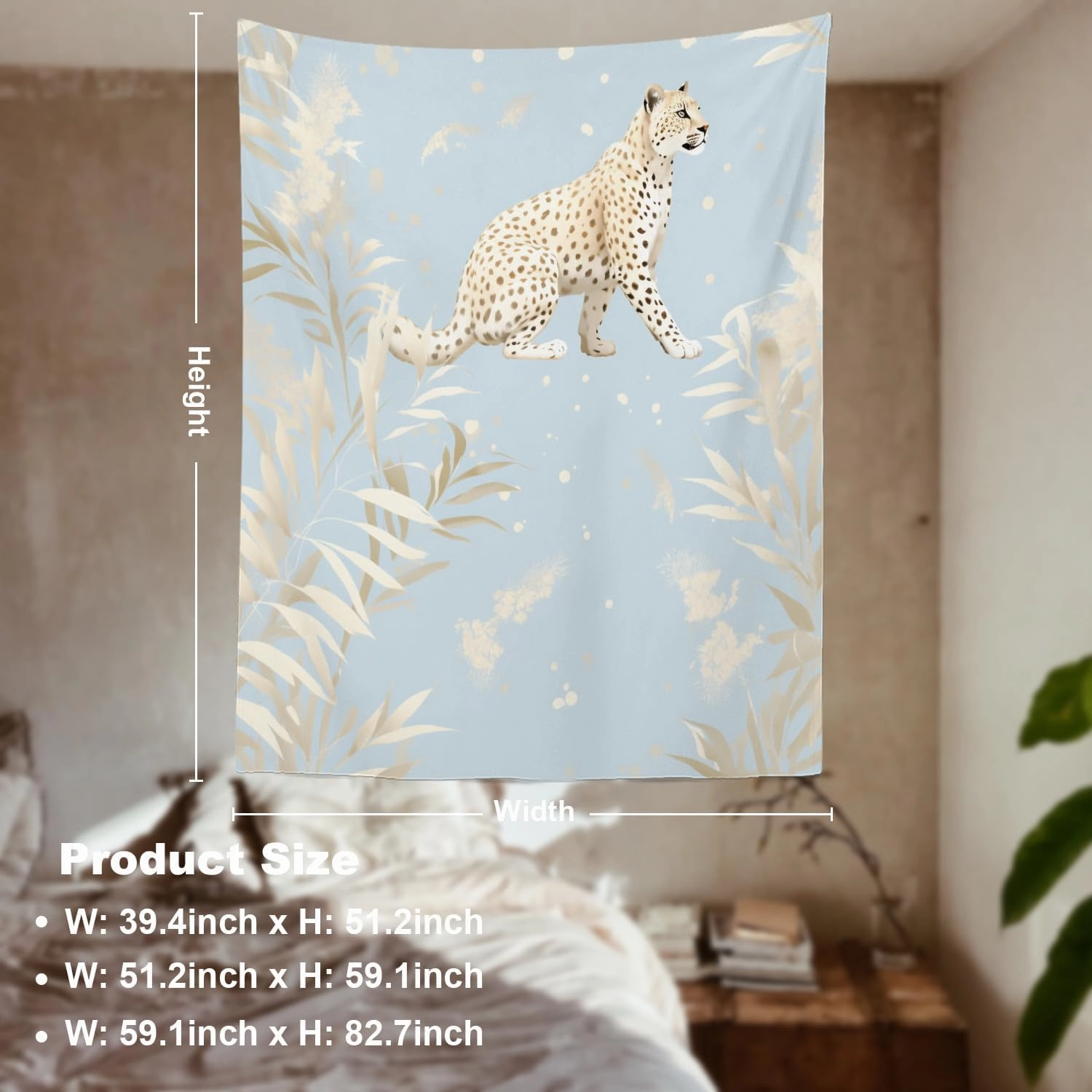 Shrahala Cheetah Botanical Elements Wall Tapestry, Graceful Cheetah In Nature Wall Hanging Large Tapestry Decoration Polyester Fiber White Hem Around for Dorm Room Bedroom 59.1 x 39.4 in