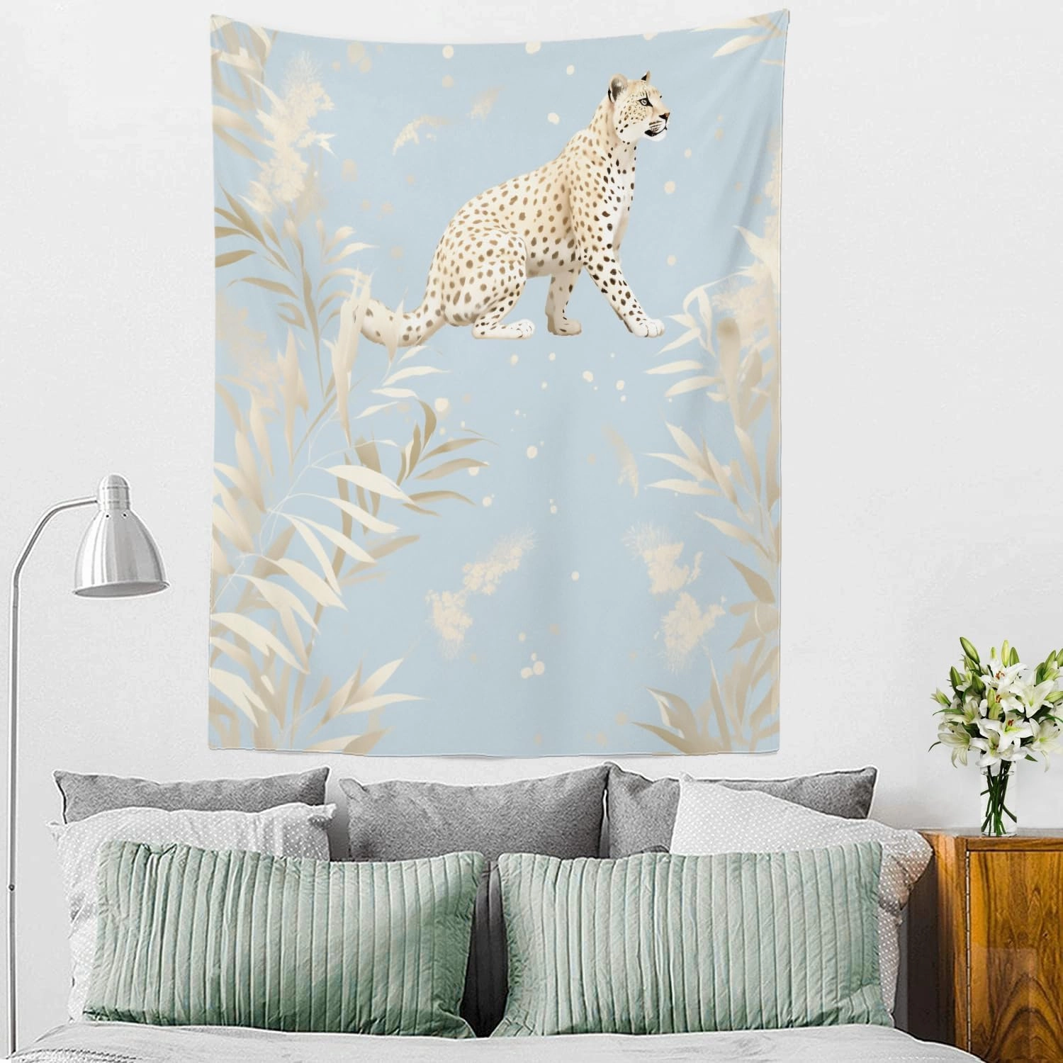 Shrahala Cheetah Botanical Elements Wall Tapestry, Graceful Cheetah In Nature Wall Hanging Large Tapestry Decoration Polyester Fiber White Hem Around for Dorm Room Bedroom 59.1 x 39.4 in