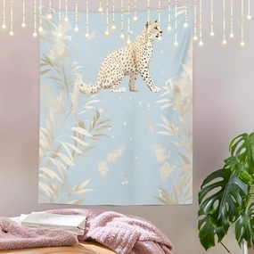 Shrahala Cheetah Botanical Elements Wall Tapestry, Graceful Cheetah In Nature Wall Hanging Large Tapestry Decoration Polyester Fiber White Hem Around for Dorm Room Bedroom 59.1 x 39.4 in