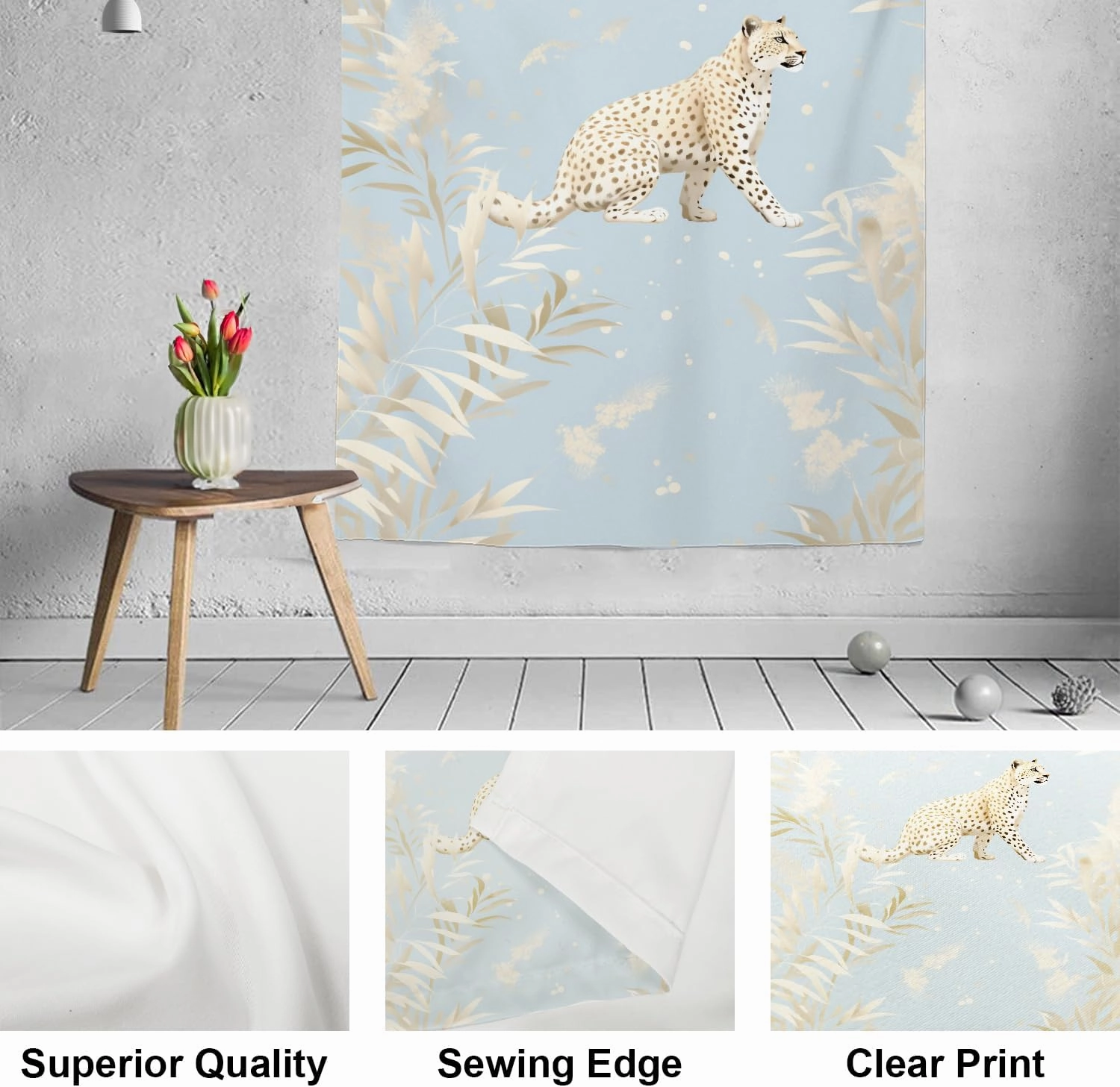 Shrahala Cheetah Botanical Elements Wall Tapestry, Graceful Cheetah In Nature Wall Hanging Large Tapestry Decoration Polyester Fiber White Hem Around for Dorm Room Bedroom 59.1 x 39.4 in
