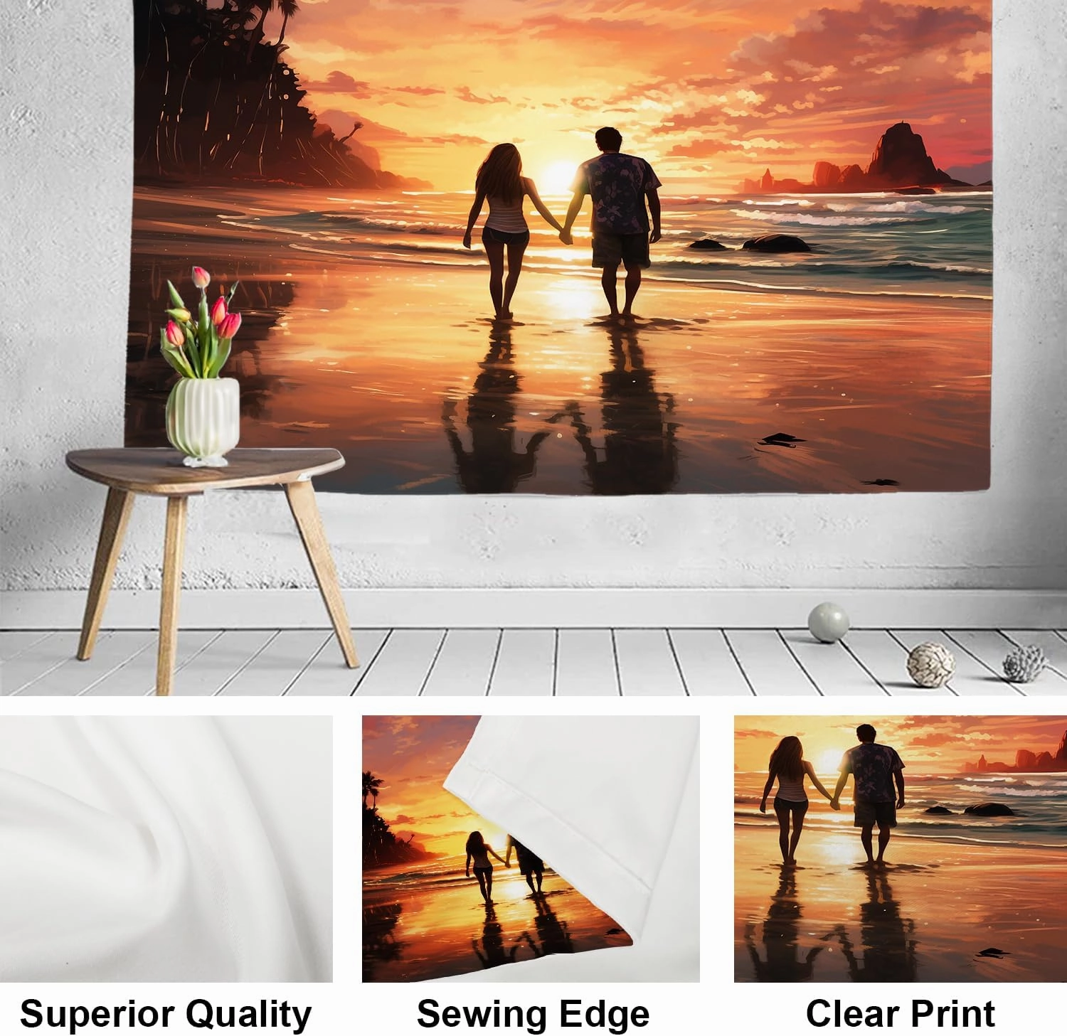 Shrahala Couple Sunset Beach Wall Tapestry, Romantic Seaside Stroll Wall Hanging Large Tapestry Decoration Polyester Fiber White Hem Around for Dorm Room Bedroom 51.2 x 59.1 in