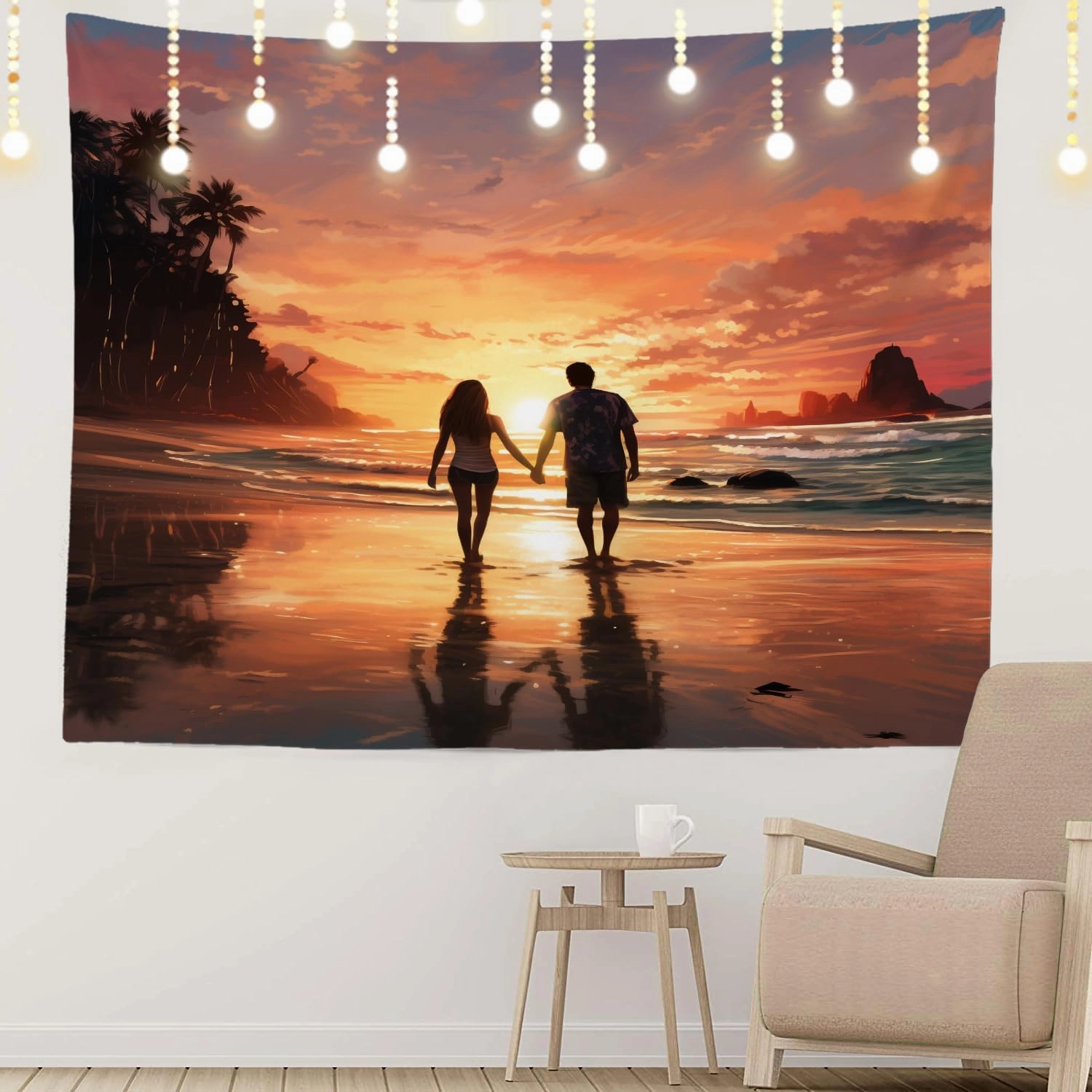 Shrahala Couple Sunset Beach Wall Tapestry, Romantic Seaside Stroll Wall Hanging Large Tapestry Decoration Polyester Fiber White Hem Around for Dorm Room Bedroom 51.2 x 59.1 in