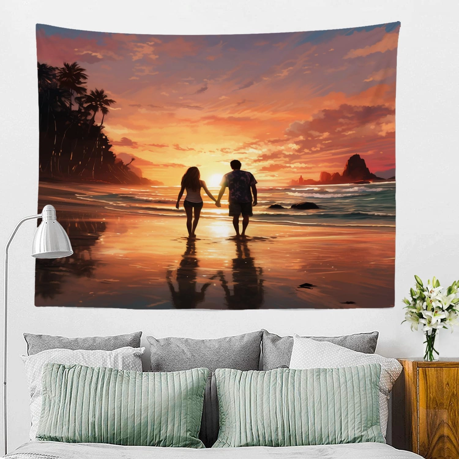 Shrahala Couple Sunset Beach Wall Tapestry, Romantic Seaside Stroll Wall Hanging Large Tapestry Decoration Polyester Fiber White Hem Around for Dorm Room Bedroom 51.2 x 59.1 in