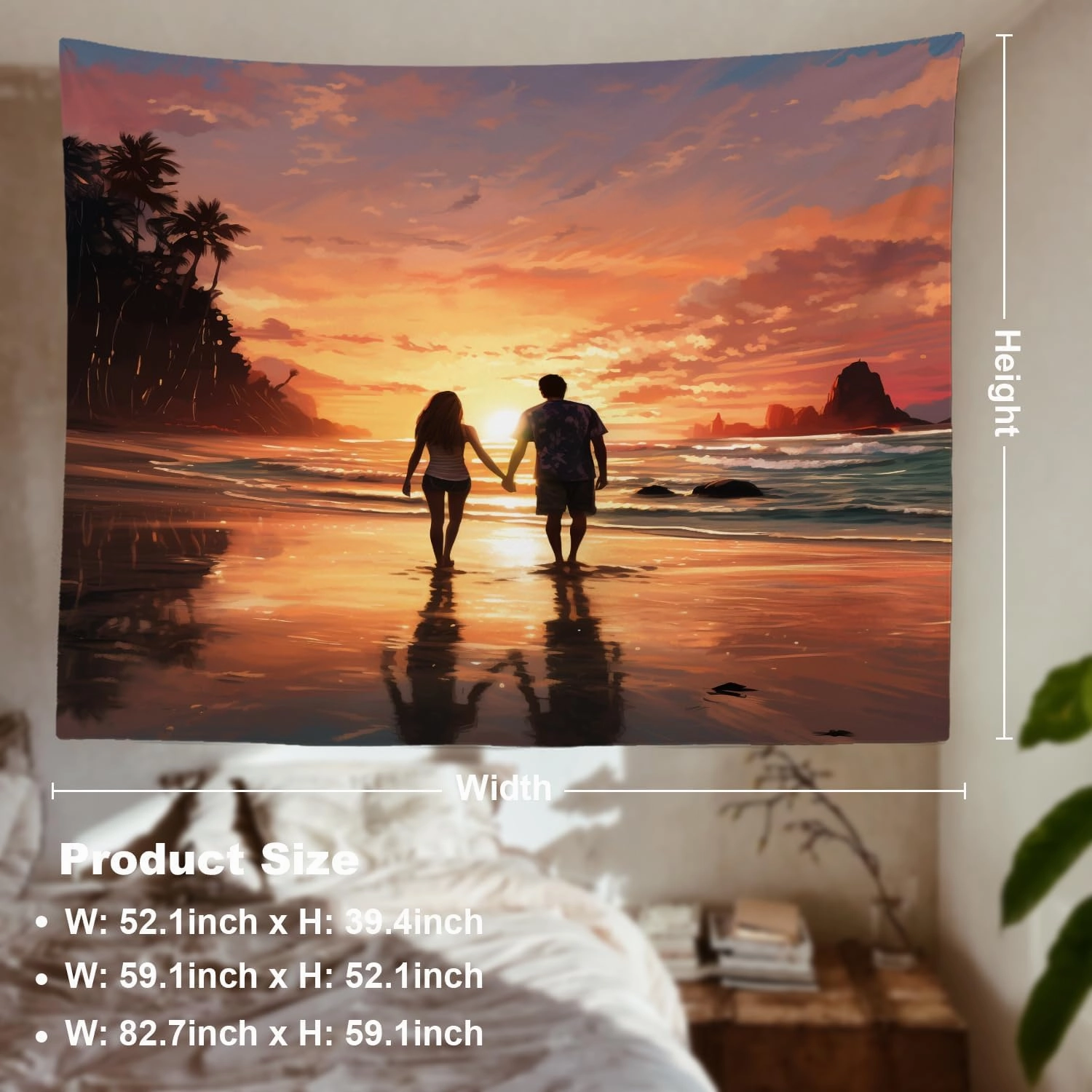 Shrahala Couple Sunset Beach Wall Tapestry, Romantic Seaside Stroll Wall Hanging Large Tapestry Decoration Polyester Fiber White Hem Around for Dorm Room Bedroom 51.2 x 59.1 in
