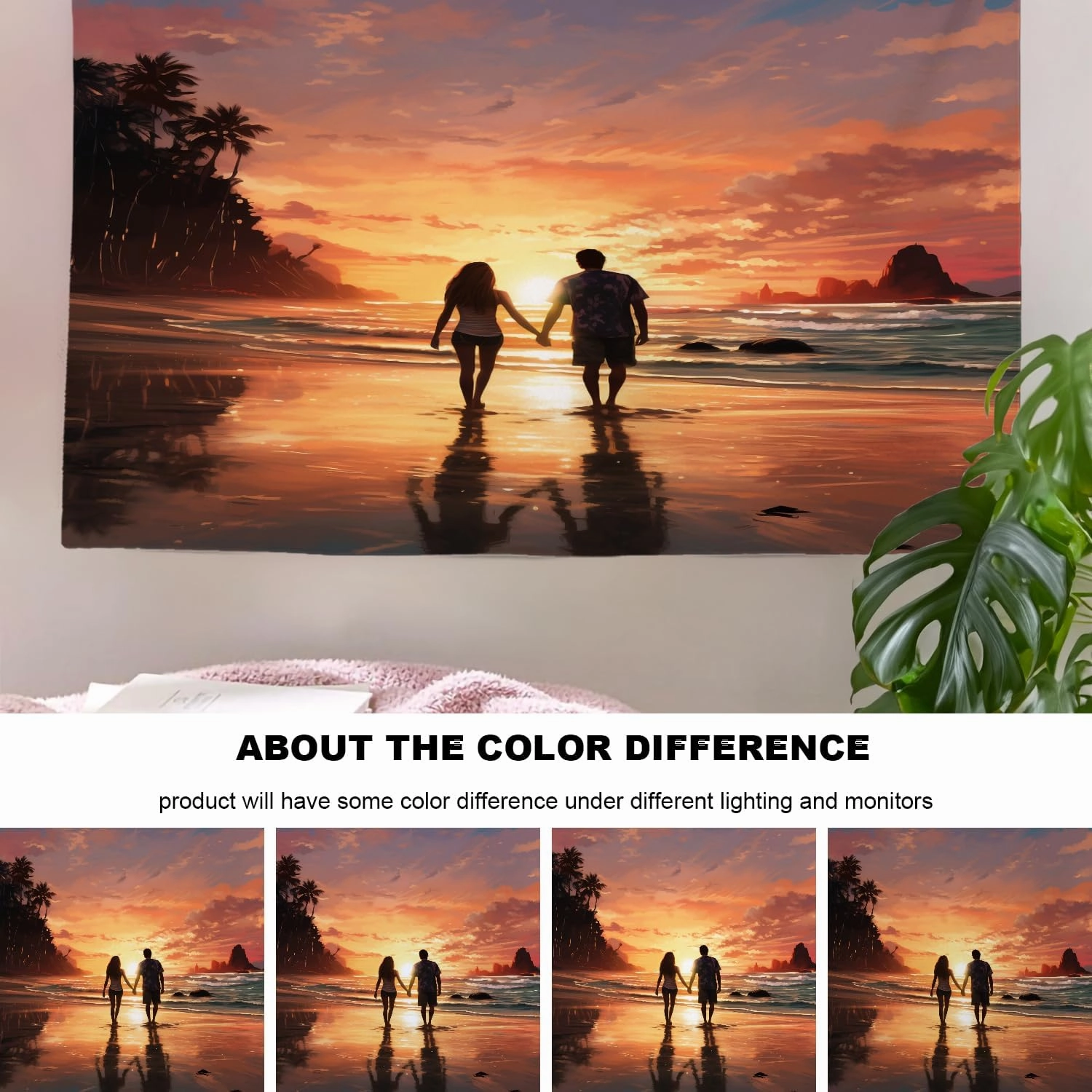Shrahala Couple Sunset Beach Wall Tapestry, Romantic Seaside Stroll Wall Hanging Large Tapestry Decoration Polyester Fiber White Hem Around for Dorm Room Bedroom 51.2 x 59.1 in