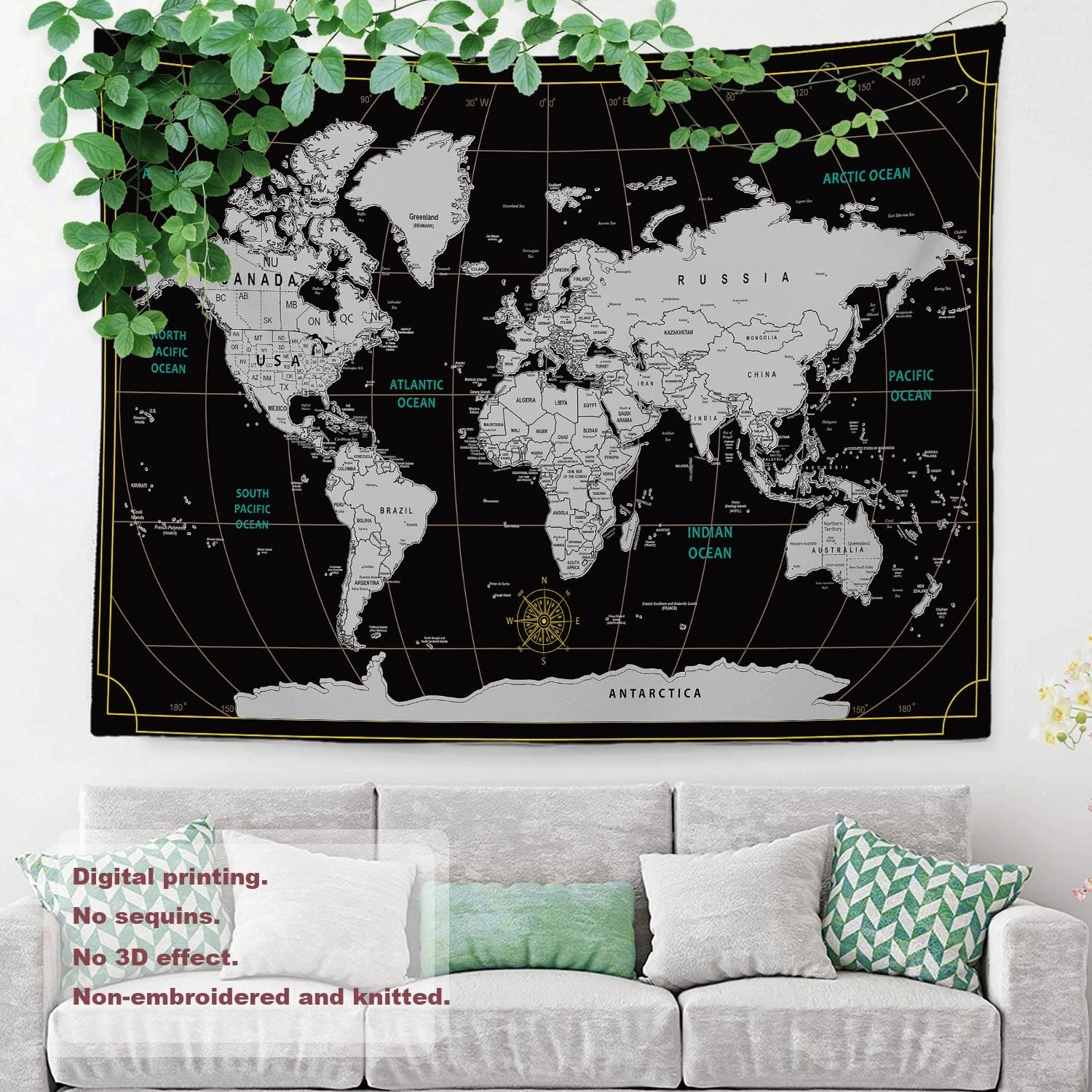 Shrahala Scratch Travel World Map Tapestry Wall Hanging for Kids Student, Europe Usa World Geographical Distribution Educational Tapestry for School Classroom Dorm Room Bedroom 39.1"L x 59.1"W,Black