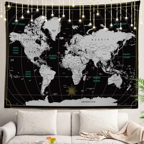 Shrahala Scratch Travel World Map Tapestry Wall Hanging for Kids Student, Europe Usa World Geographical Distribution Educational Tapestry for School Classroom Dorm Room Bedroom 39.1"L x 59.1"W,Black