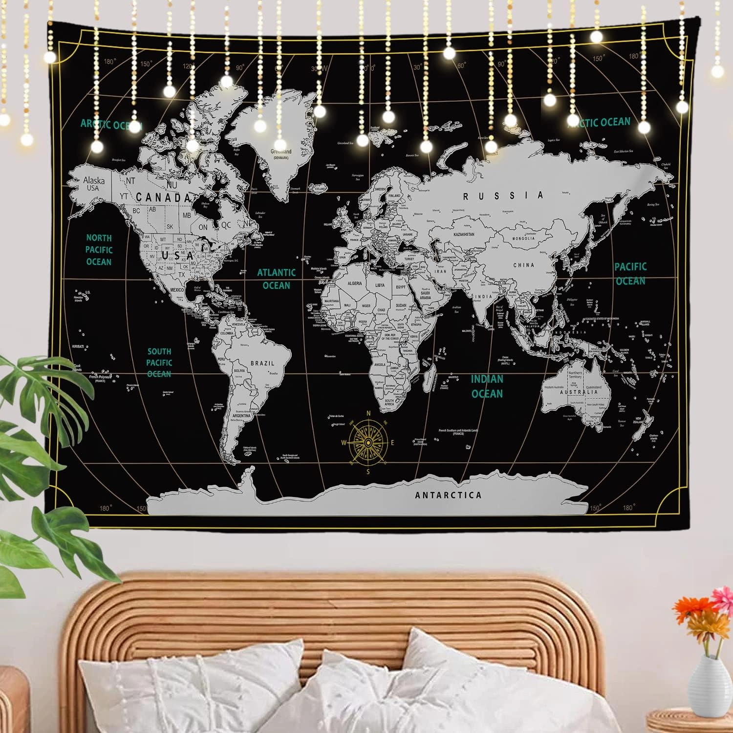 Shrahala Scratch Travel World Map Tapestry Wall Hanging for Kids Student, Europe Usa World Geographical Distribution Educational Tapestry for School Classroom Dorm Room Bedroom 39.1"L x 59.1"W,Black