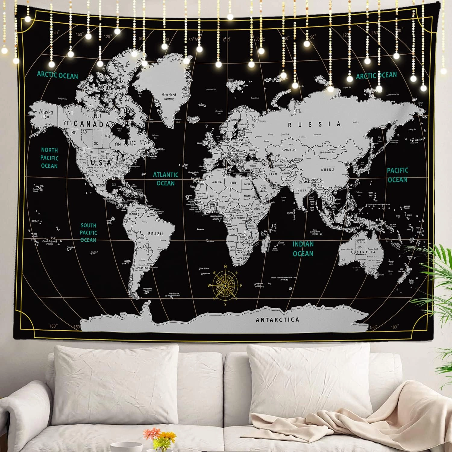 Shrahala Scratch Travel World Map Tapestry Wall Hanging for Kids Student, Europe Usa World Geographical Distribution Educational Tapestry for School Classroom Dorm Room Bedroom 39.1"L x 59.1"W,Black