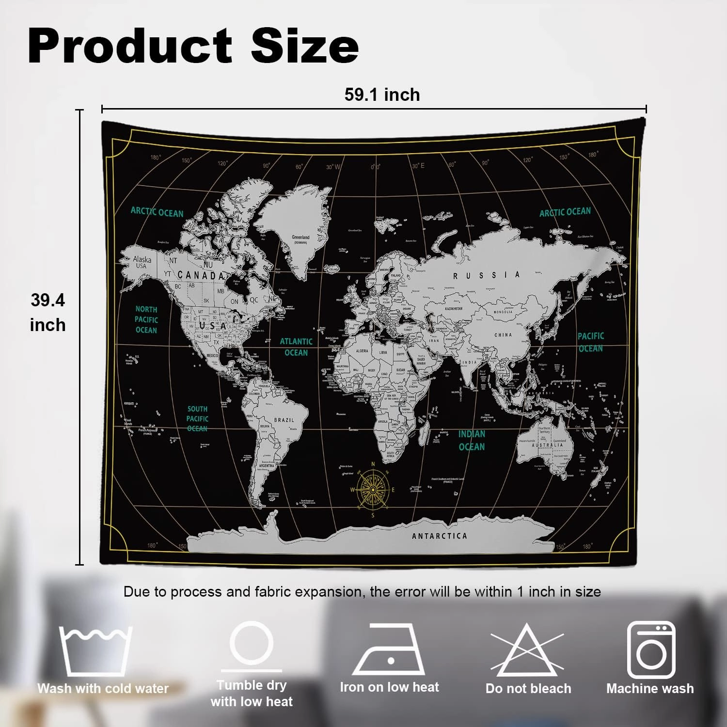 Shrahala Scratch Travel World Map Tapestry Wall Hanging for Kids Student, Europe Usa World Geographical Distribution Educational Tapestry for School Classroom Dorm Room Bedroom 39.1"L x 59.1"W,Black
