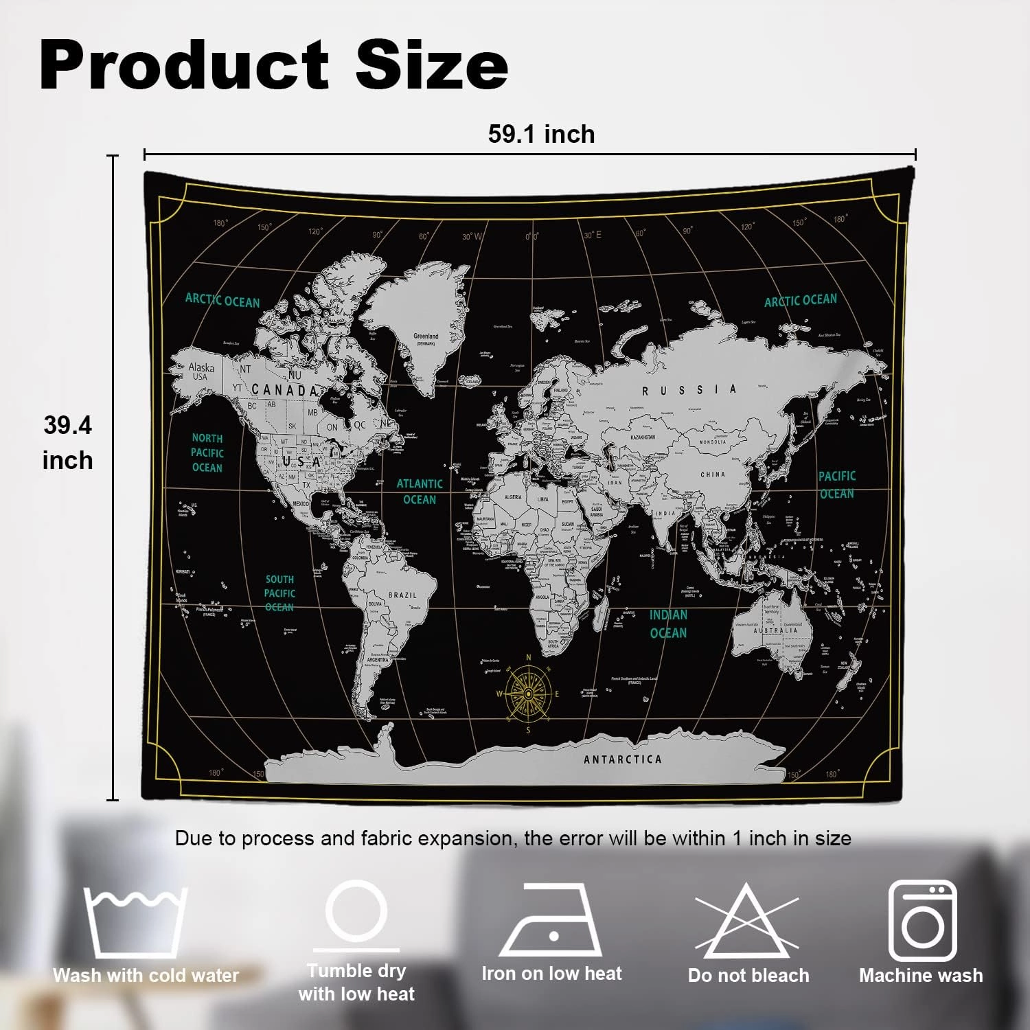Shrahala Scratch Travel World Map Tapestry Wall Hanging for Kids Student, Europe Usa World Geographical Distribution Educational Tapestry for School Classroom Dorm Room Bedroom 39.1"L x 59.1"W,Black