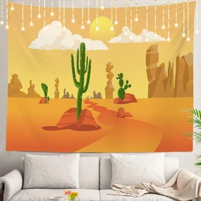Shrahala Western Cartoon desert Wall Tapestry, Orange Desert landscape with cactus Wall Hanging Large Tapestry Decoration Polyester Fiber White Hem Around for Dorm Room Bedroom 59.1 x 82.7 in