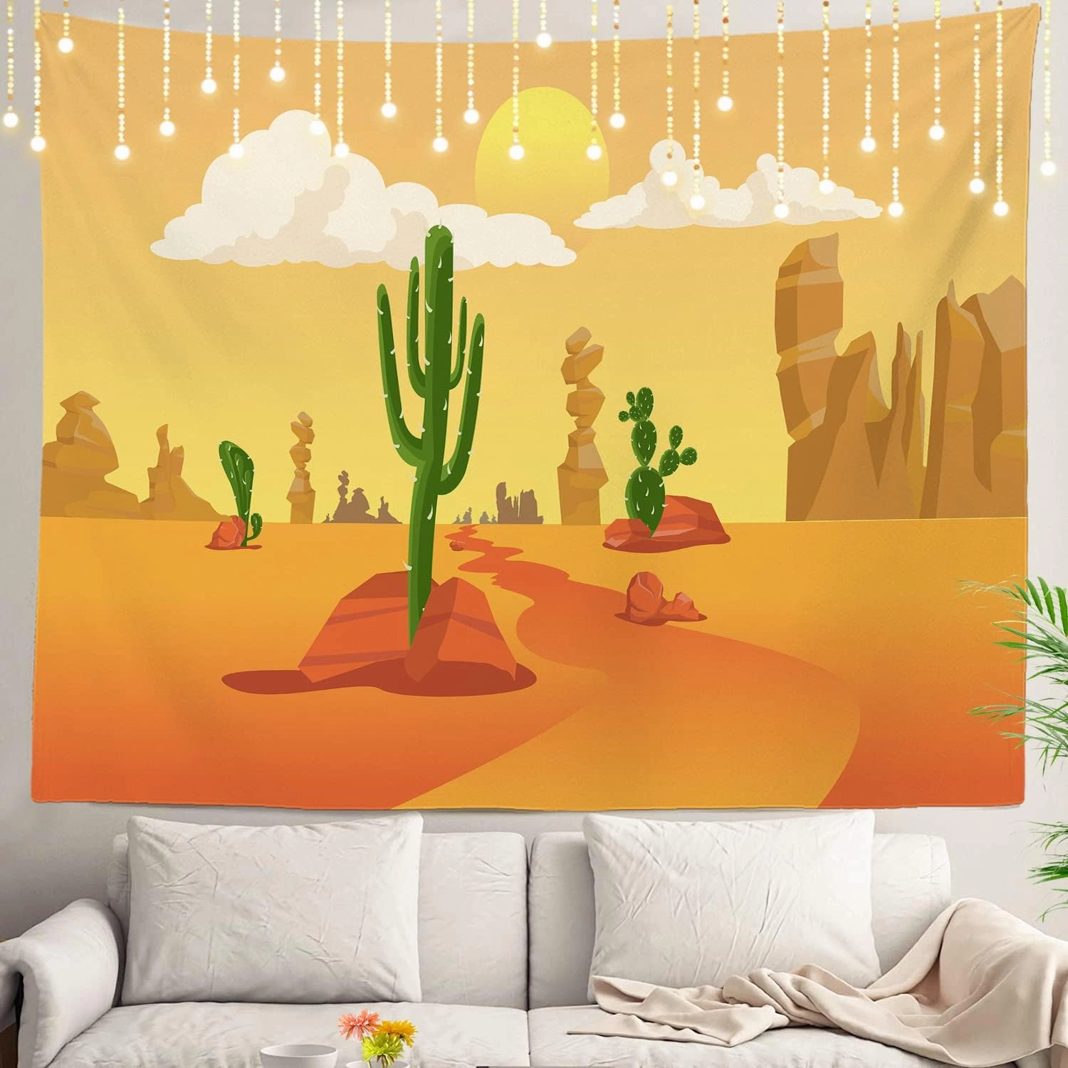Shrahala Western Cartoon desert Wall Tapestry, Orange Desert landscape with cactus Wall Hanging Large Tapestry Decoration Polyester Fiber White Hem Around for Dorm Room Bedroom 59.1 x 82.7 in