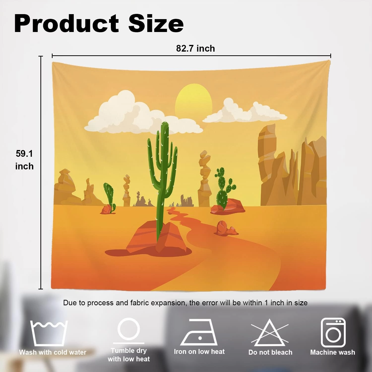 Shrahala Western Cartoon desert Wall Tapestry, Orange Desert landscape with cactus Wall Hanging Large Tapestry Decoration Polyester Fiber White Hem Around for Dorm Room Bedroom 59.1 x 82.7 in