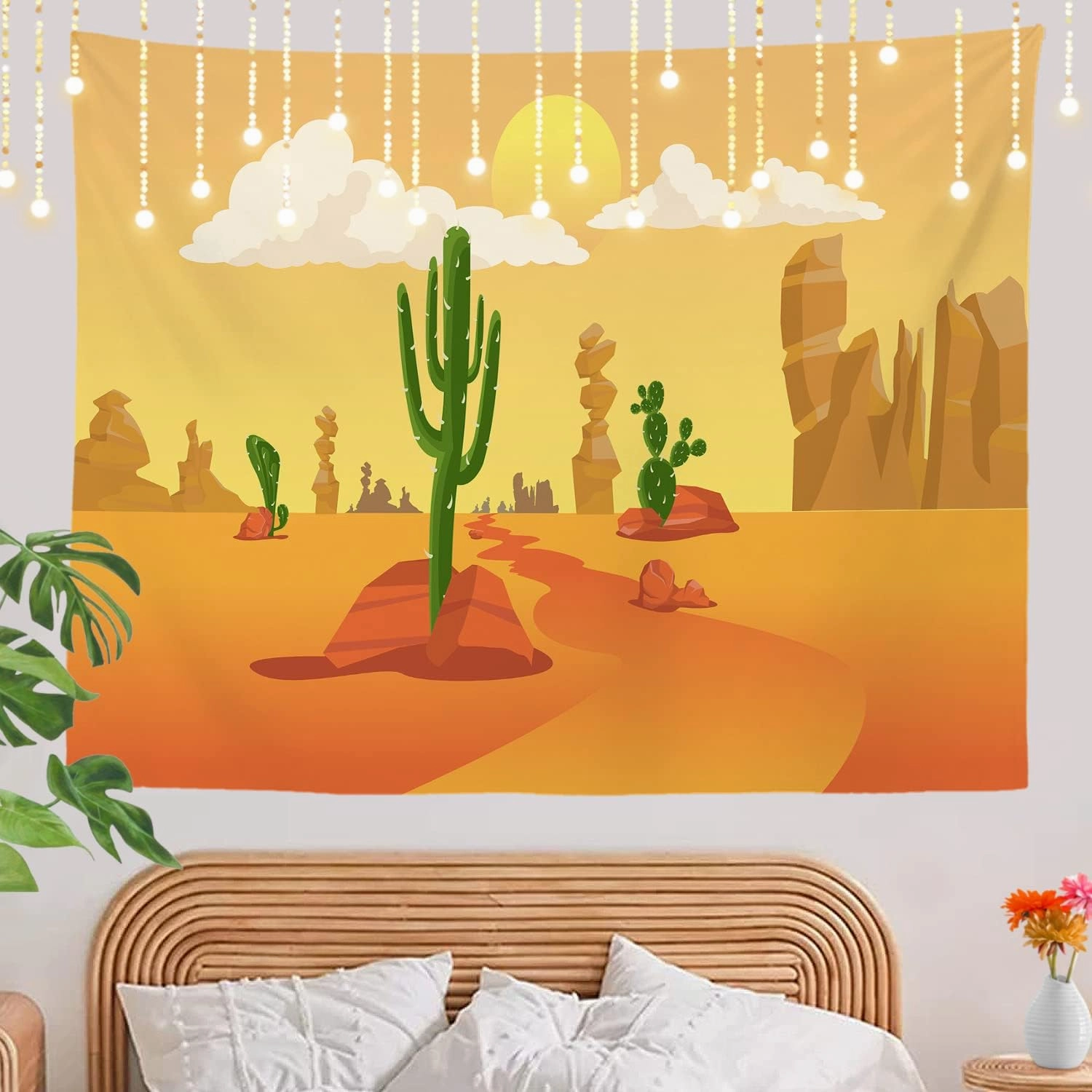 Shrahala Western Cartoon desert Wall Tapestry, Orange Desert landscape with cactus Wall Hanging Large Tapestry Decoration Polyester Fiber White Hem Around for Dorm Room Bedroom 59.1 x 82.7 in