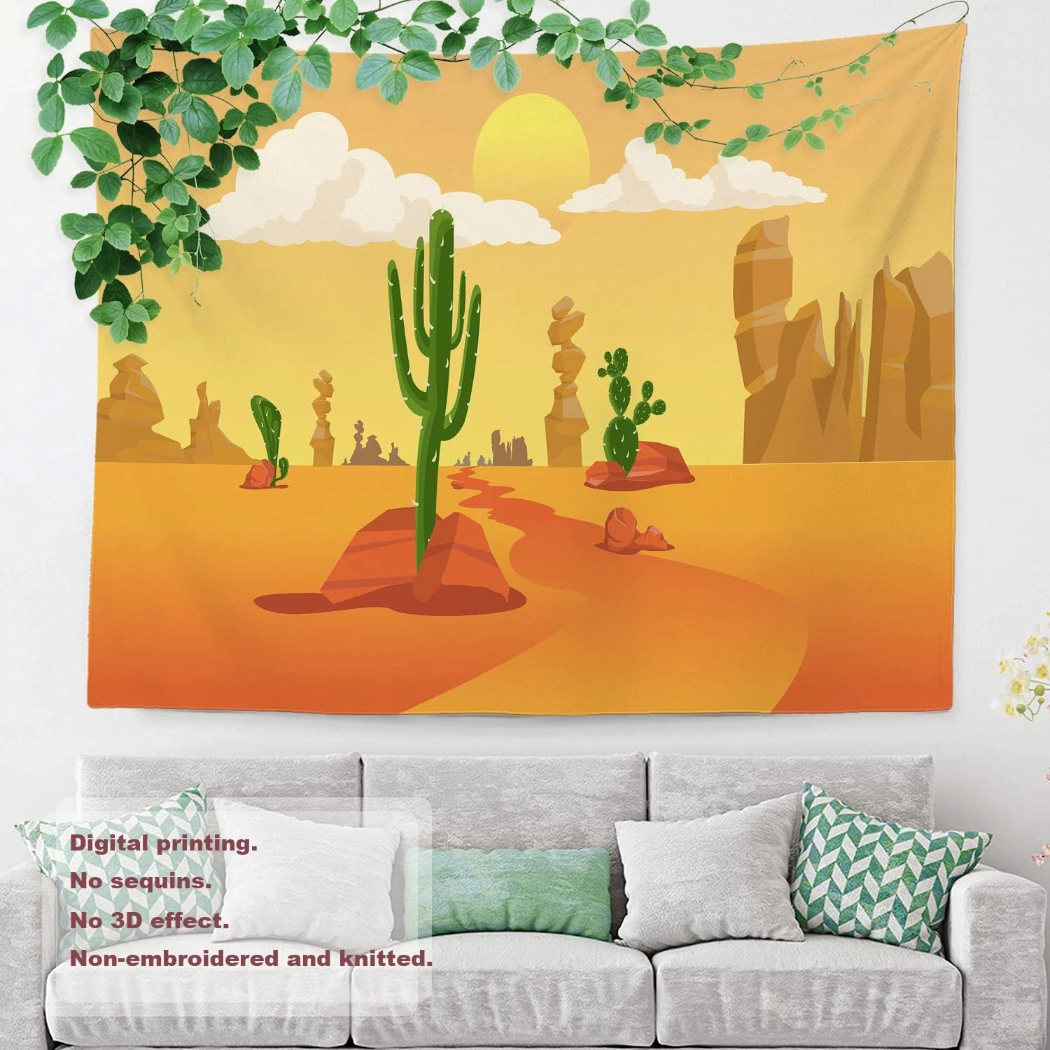 Shrahala Western Cartoon desert Wall Tapestry, Orange Desert landscape with cactus Wall Hanging Large Tapestry Decoration Polyester Fiber White Hem Around for Dorm Room Bedroom 59.1 x 82.7 in