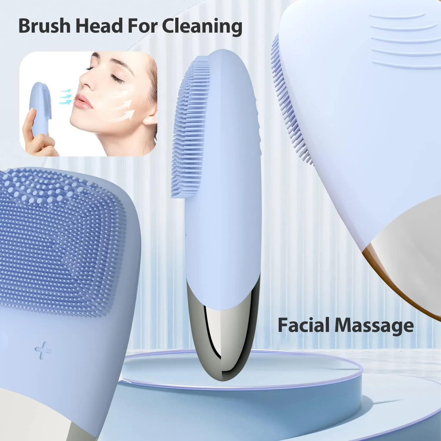 Silicone Face Scrubber, SIWIEY IPX7 Waterproof Sonic Facial Cleansing Brush, USB Rechargeable Sonic Massage Face Brush for Deep Cleansing, Gentle Exfoliating and Massaging (Blue)