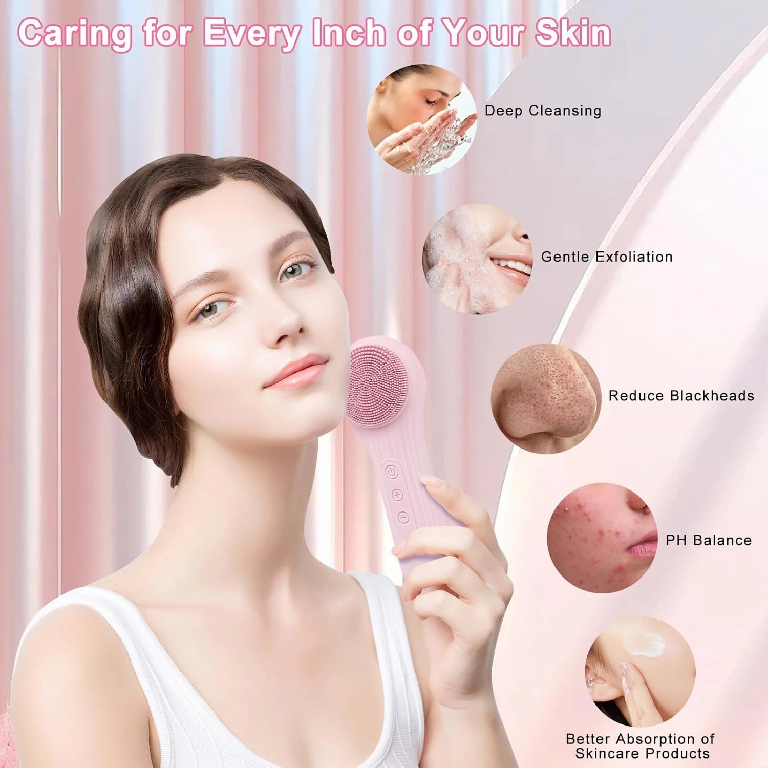 Silicone Face Scrubber Exfoliator, Silicone Face Wash Brush for Men & Women, Ipx7 Waterproof Rechargeable Facial Cleaner for Deep Cleansing, Exfoliating, Massage Face Scrubber (Pink)