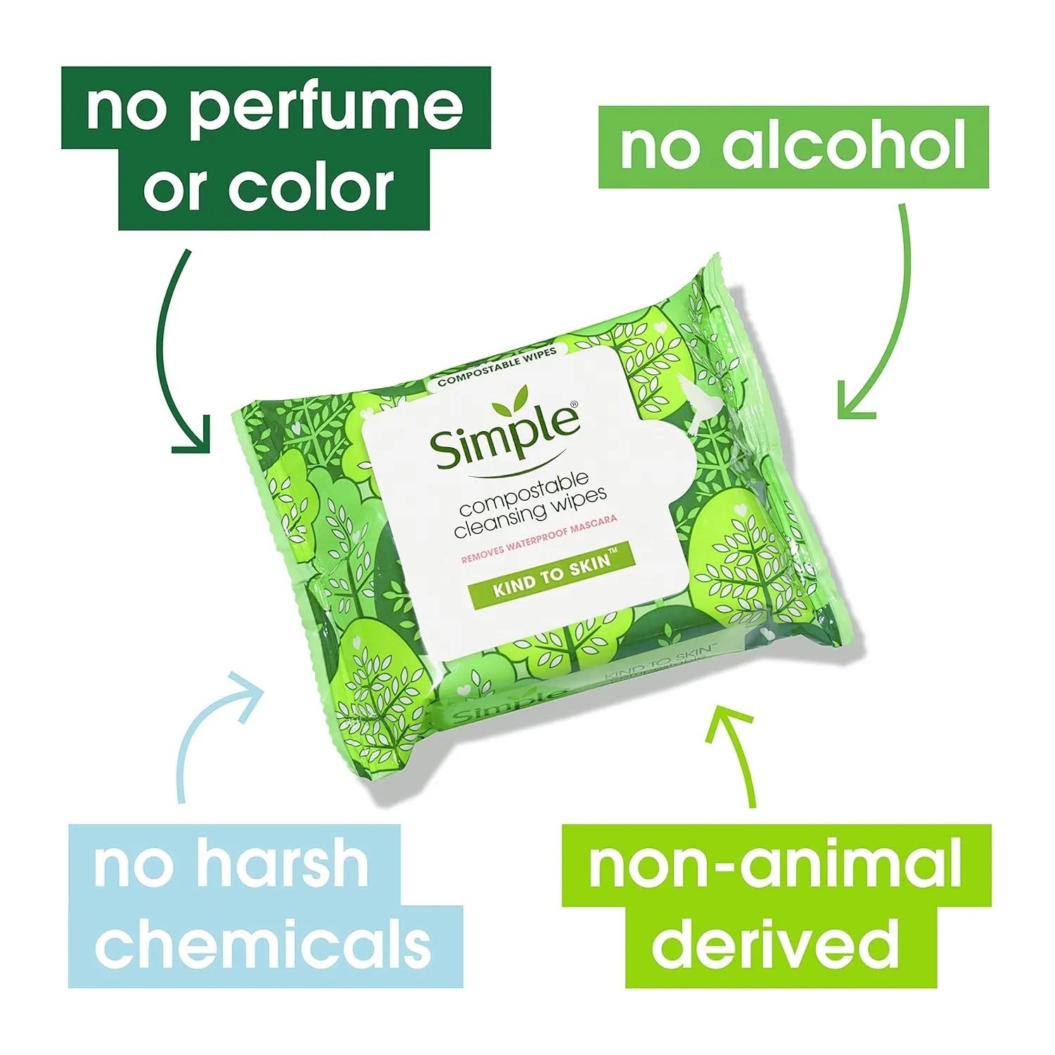 Simple Kind to Skin Cleansing Facial Wipes for Removing Makeup Compostable No Artificial Perfume or Color, Paraben Free, Phthalate Free 25 Count 4 Pack