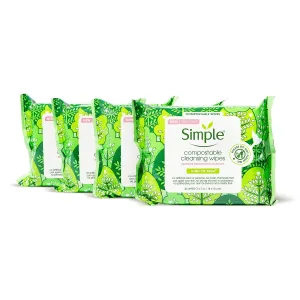 Simple Kind to Skin Cleansing Facial Wipes for Removing Makeup Compostable No Artificial Perfume or Color, Paraben Free, Phthalate Free 25 Count 4 Pack