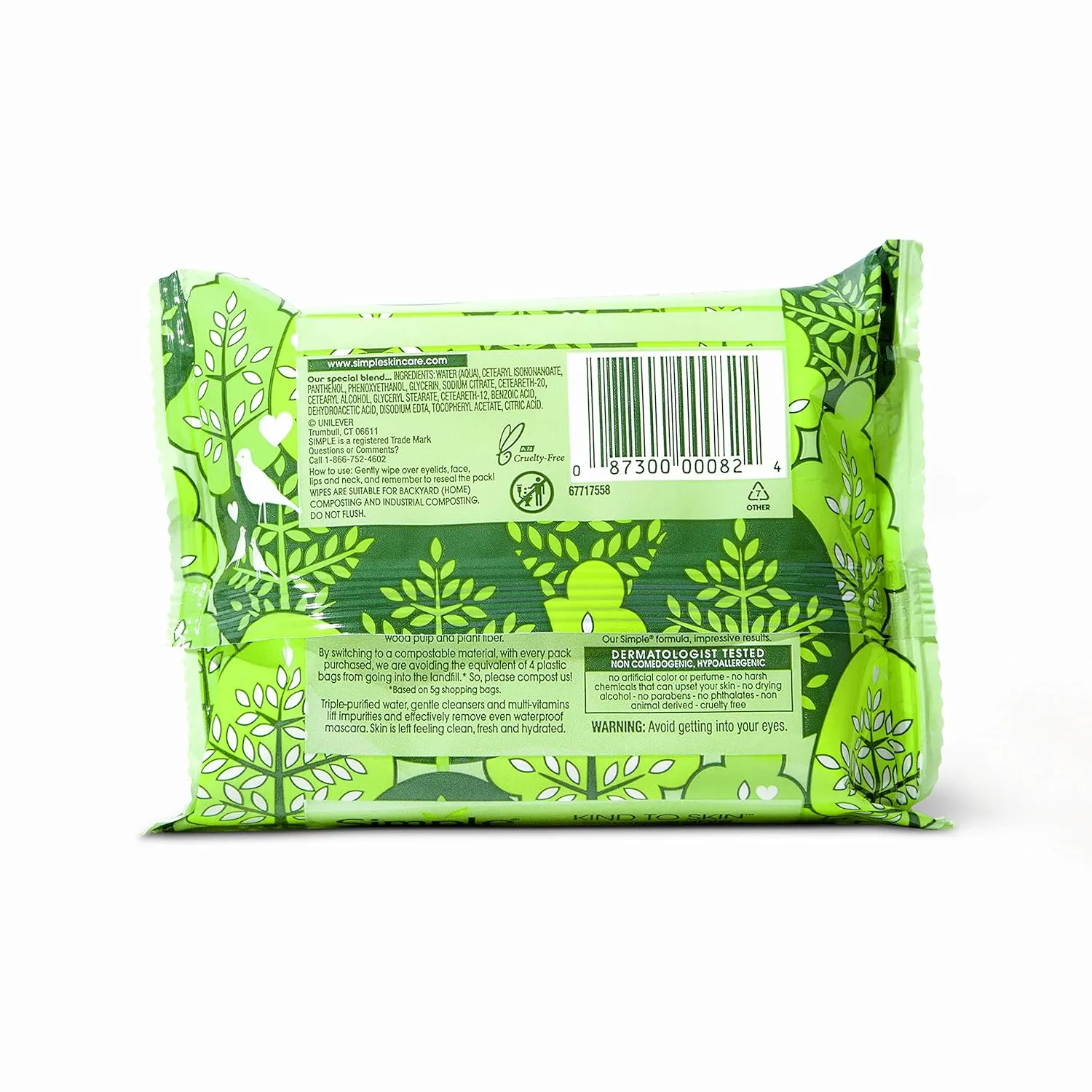 Simple Kind to Skin Cleansing Facial Wipes for Removing Makeup Compostable No Artificial Perfume or Color, Paraben Free, Phthalate Free 25 Count 4 Pack