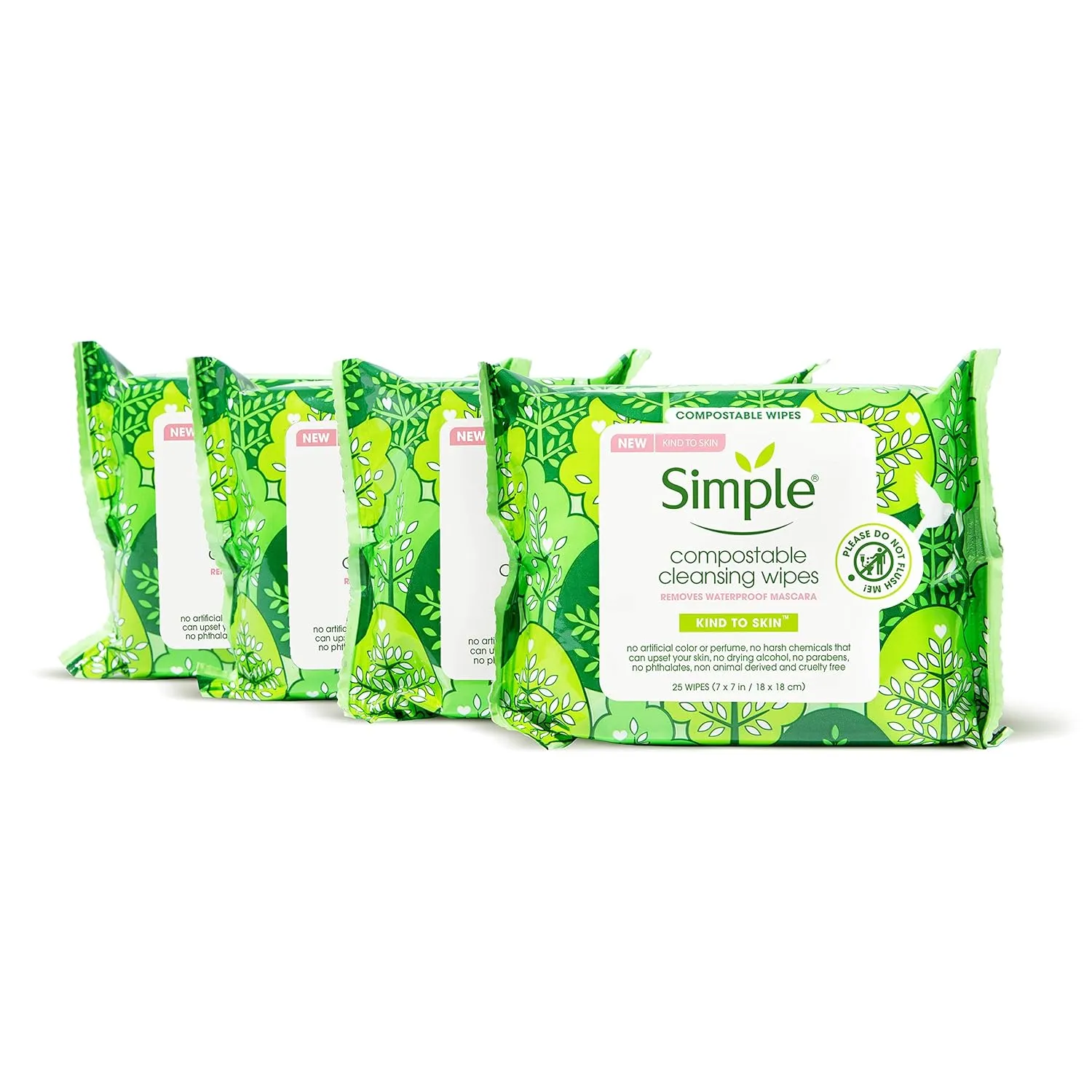 Simple Kind to Skin Cleansing Facial Wipes for Removing Makeup Compostable No Artificial Perfume or Color, Paraben Free, Phthalate Free 25 Count 4 Pack