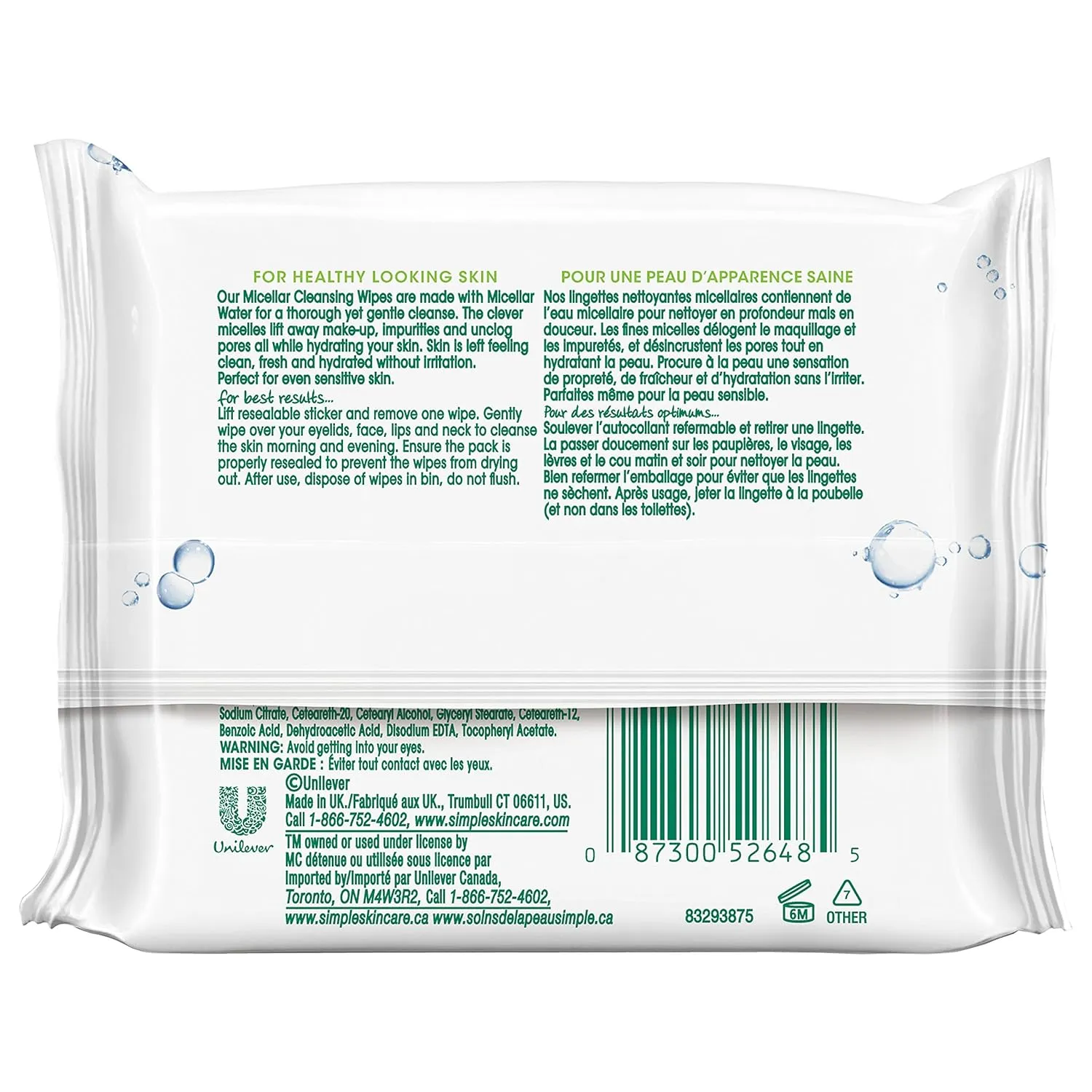 Simple Kind to Skin Cleansing Wipes Micellar 4 Count Gentle and Effective Makeup Remover Free From Color and Dye, Artificial Perfume and Harsh Chemicals 25 Wipes