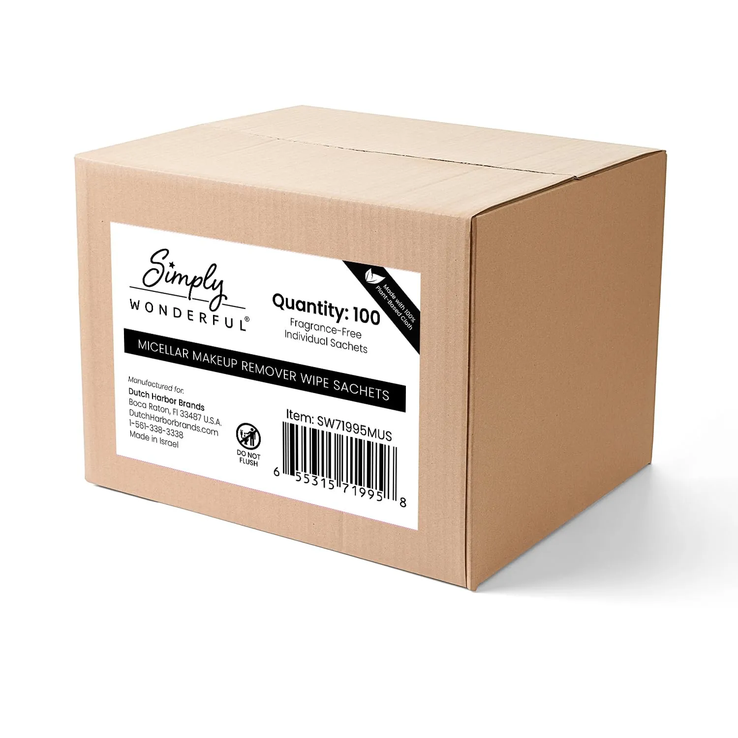 Simply Wonderful 100 Count Biodegradable Makeup Remover Wipes, Micellar Water, Plant-Based, Individually Wrapped, 5" x 7"