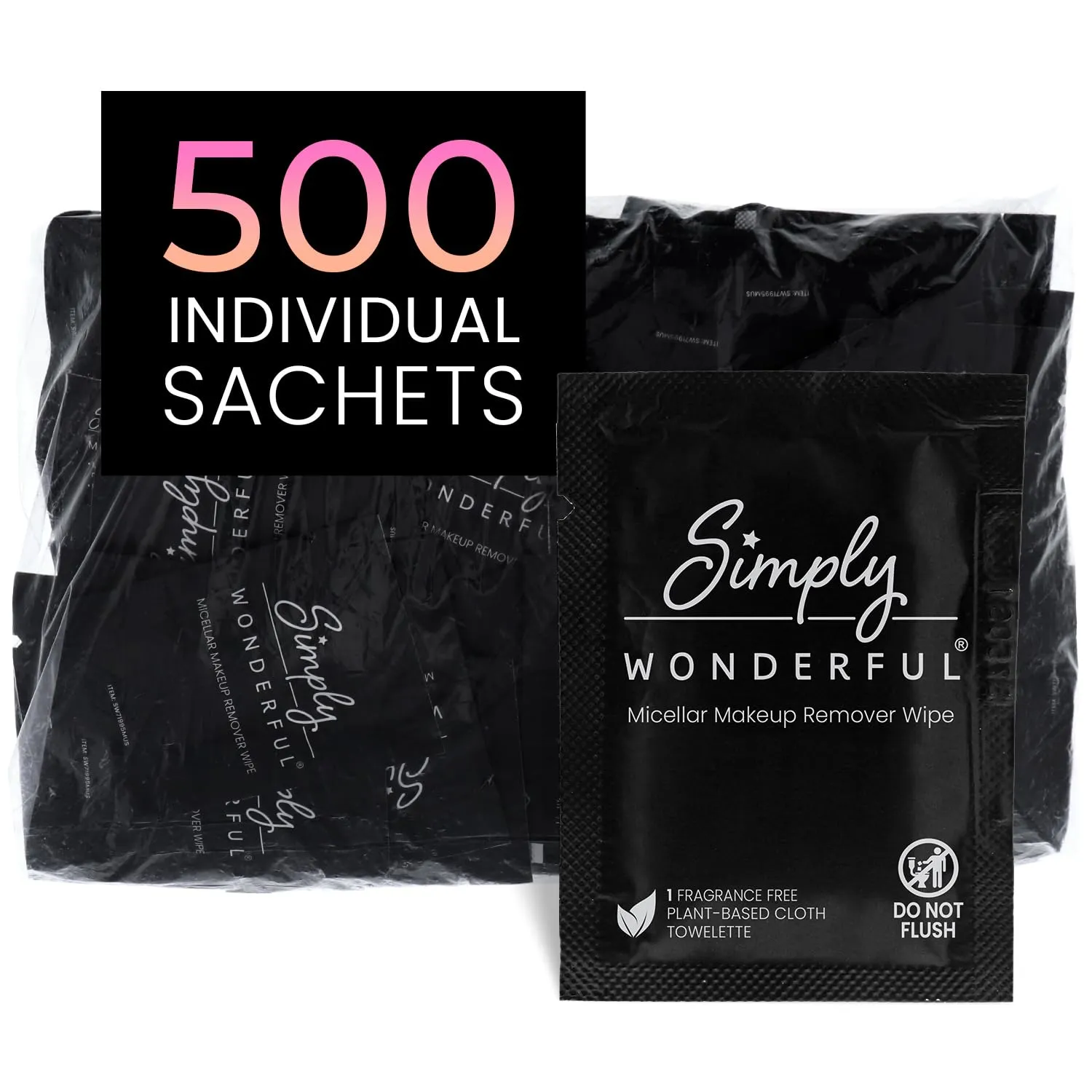 Simply Wonderful Makeup Remover Wipes - 500 Count, Disposable, Micellar Water, Gentle for Sensitive Skin, Individually Wrapped, 5 x 7 Inches