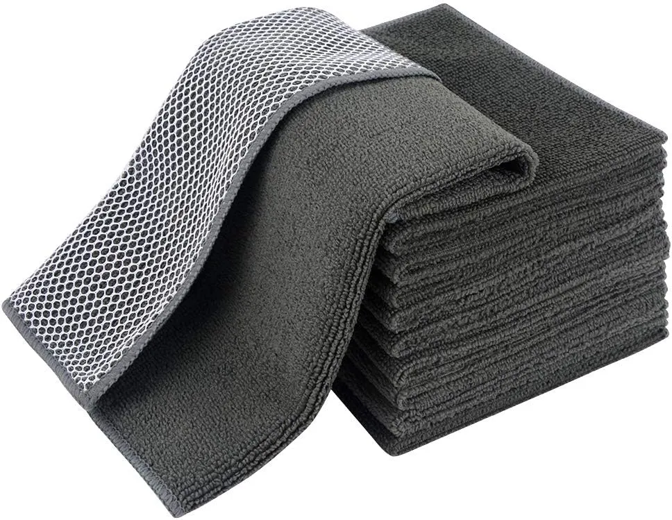 SINLAND Microfiber Dish Cloths Wash Clothes for Kitchen Best Kitchen Cloths Cleaning Cloth Poly Scour Side 12"x12" (10Pack, Dark Grey)