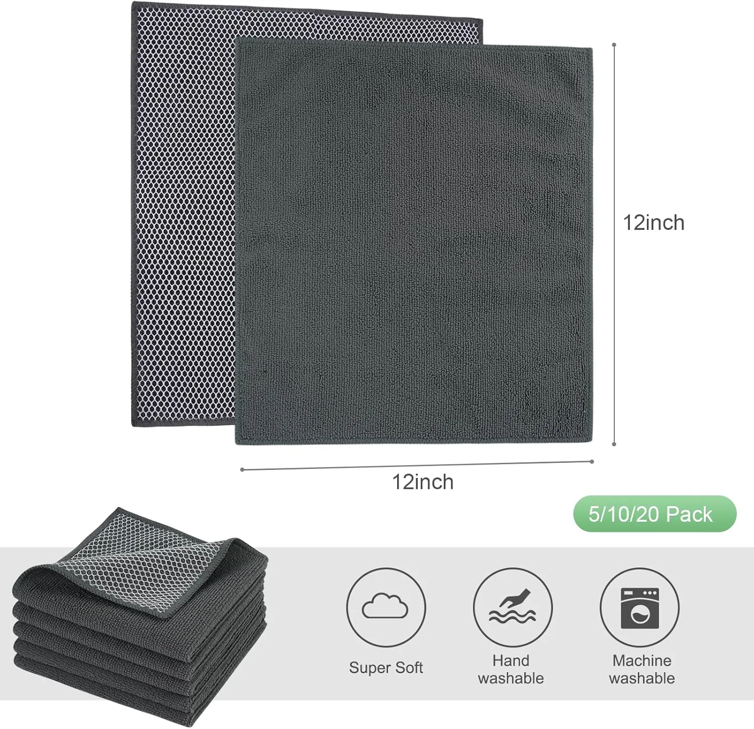 SINLAND Microfiber Dish Cloths Wash Clothes for Kitchen Best Kitchen Cloths Cleaning Cloth Poly Scour Side 12"x12" (10Pack, Dark Grey)