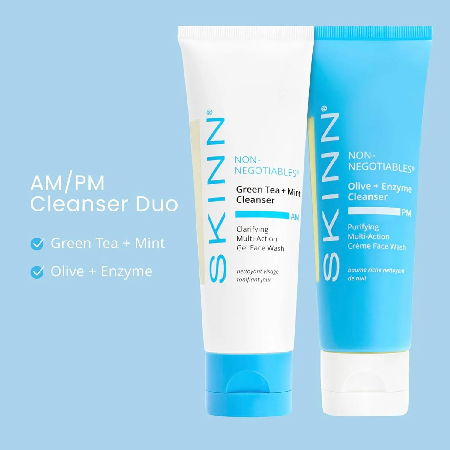 SKINN Day & Night Face Wash for Women & Men - Refreshing Green Tea & Mint Infusion, Nourishing Olive & Enzyme Formula - Complete AM/PM Cleanser Set for Hydrated