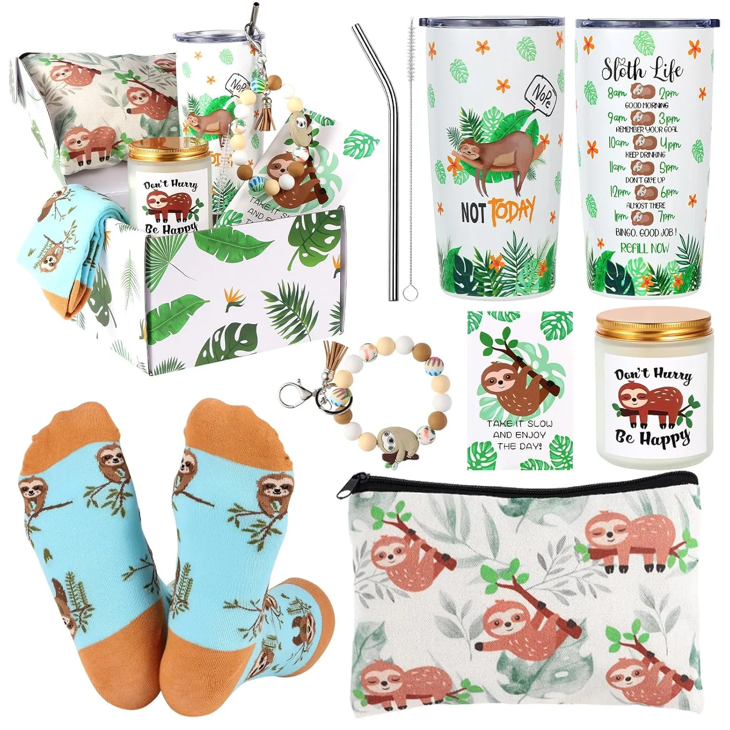 Sloth Gifts for Women, Sloth Themed Gift for Women, Gifts for Sloth Lover, Sloth Stuff included 20 oz Tumbler Mug Makeup Bag Socks Candle Wristlet Keychain and Card for Sloth Lover Women Girl Friends