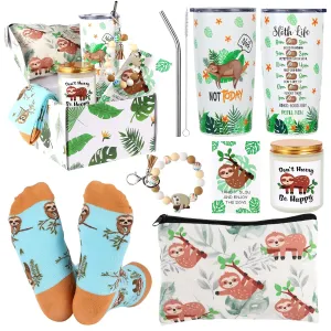 Sloth Gifts for Women, Sloth Themed Gift for Women, Gifts for Sloth Lover, Sloth Stuff included 20 oz Tumbler Mug Makeup Bag Socks Candle Wristlet Keychain and Card for Sloth Lover Women Girl Friends