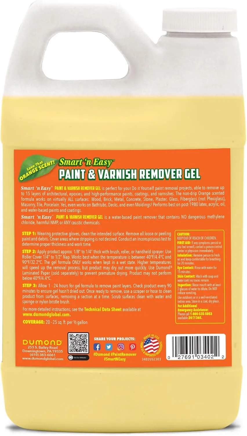 Smart 'n Easy Paint & Varnish Remover Gel - Do It Yourself Friendly Paint Remover - Strips Multiple Layers of Acrylic, Latex, Oil & Water-Based Paints & Varnishes - Orange Citrus Scent - 1/2 Gallon