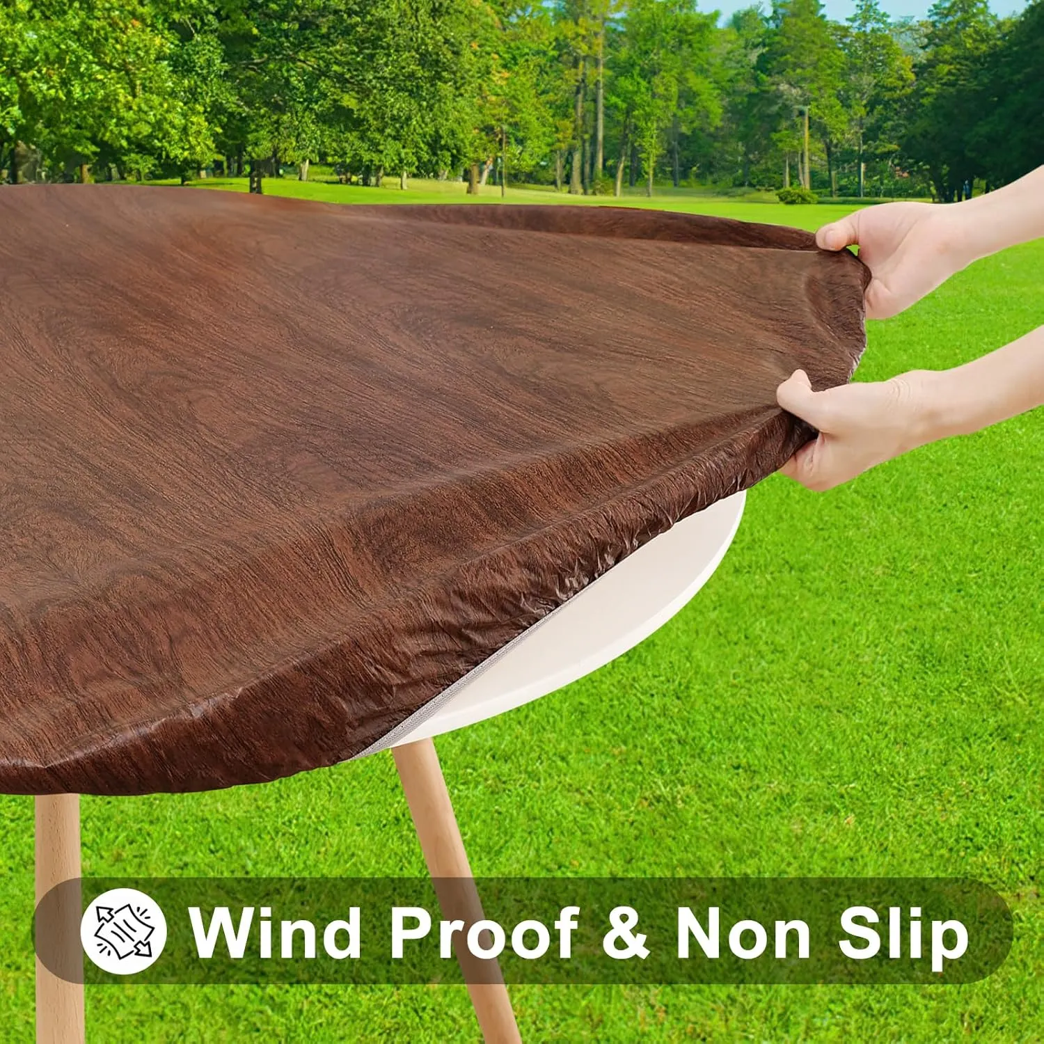 Smiry Round Picnic Tablecloth, Waterproof Elastic Fitted Table Covers for 36" - 44" Tables, Wipeable Flannel Backed Vinyl Tablecloths for Camping, Indoor, Outdoor, Brown